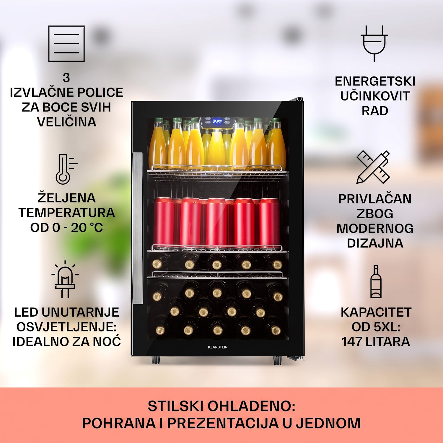 Beersafe 5XL, hladnjak, 147 litara, 3 police, panoramska staklena vrata, nehrđajući čelik 147 Ltr | Crna | Crna