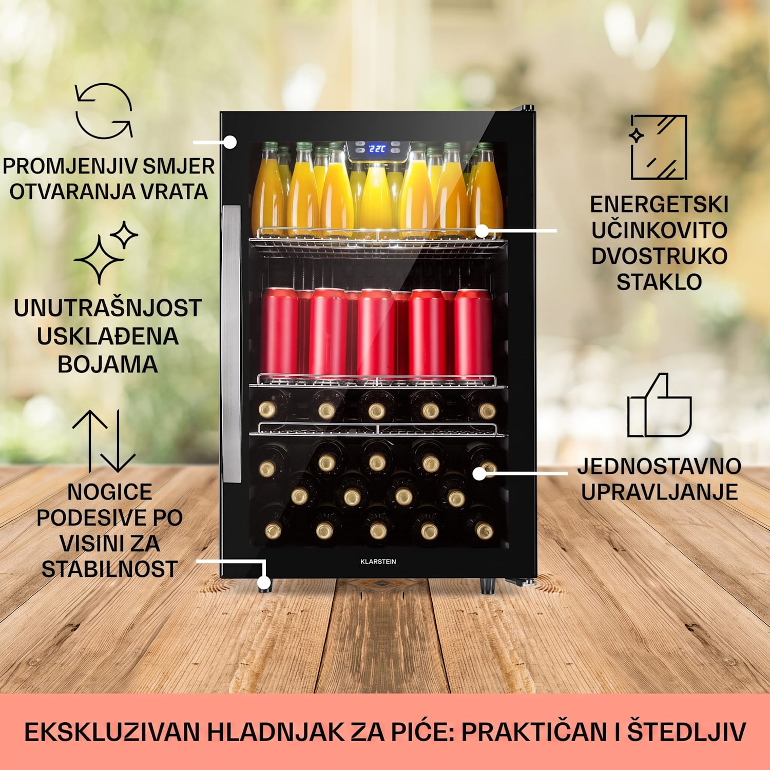 Beersafe 5XL, hladnjak, 147 litara, 3 police, panoramska staklena vrata, nehrđajući čelik 147 Ltr | Crna | Crna