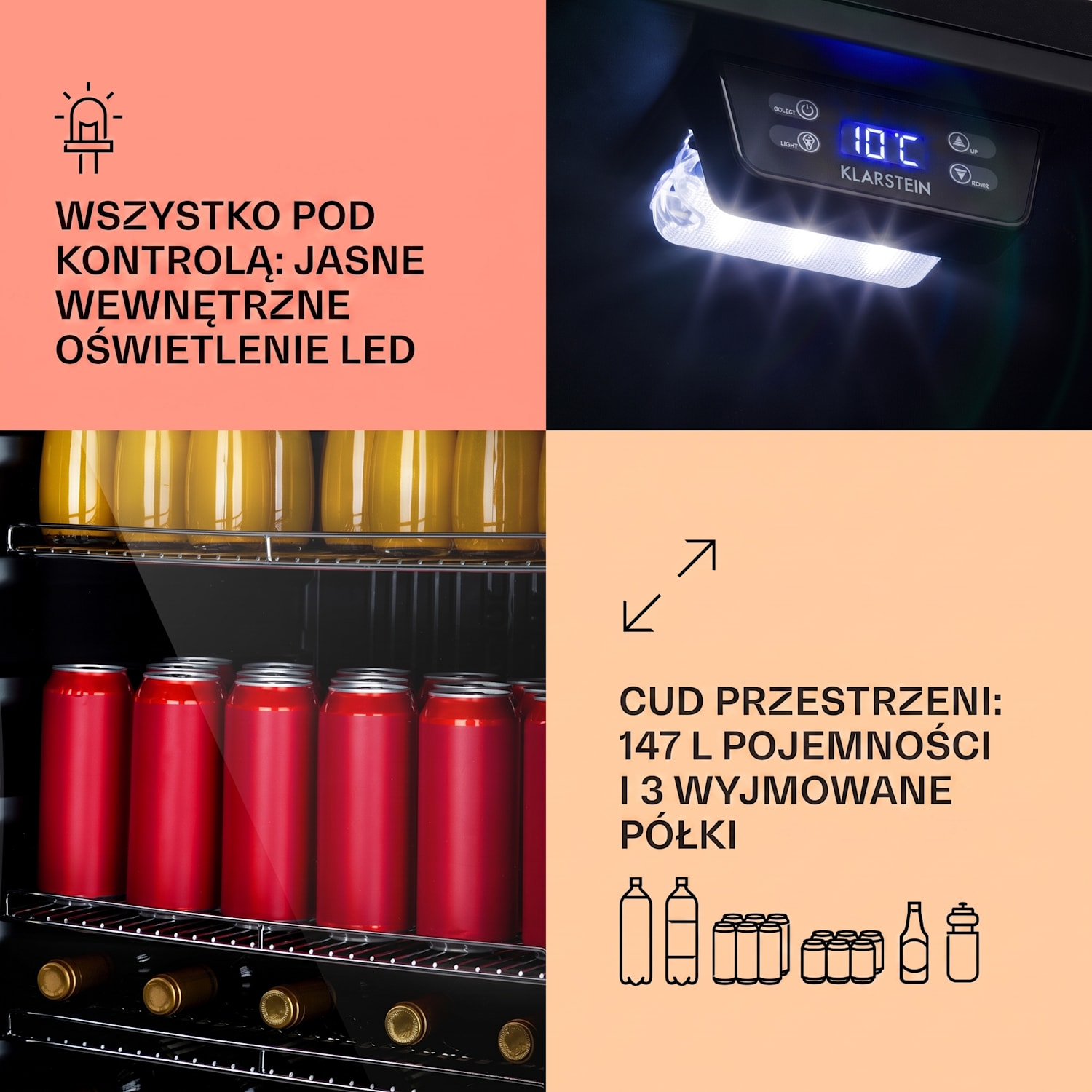 Beersafe 5XL, lodówka na napoje, 147 l, 3 półki, szklane drzwi, stal nierdzewna 147 Ltr | Czarny | Czarny