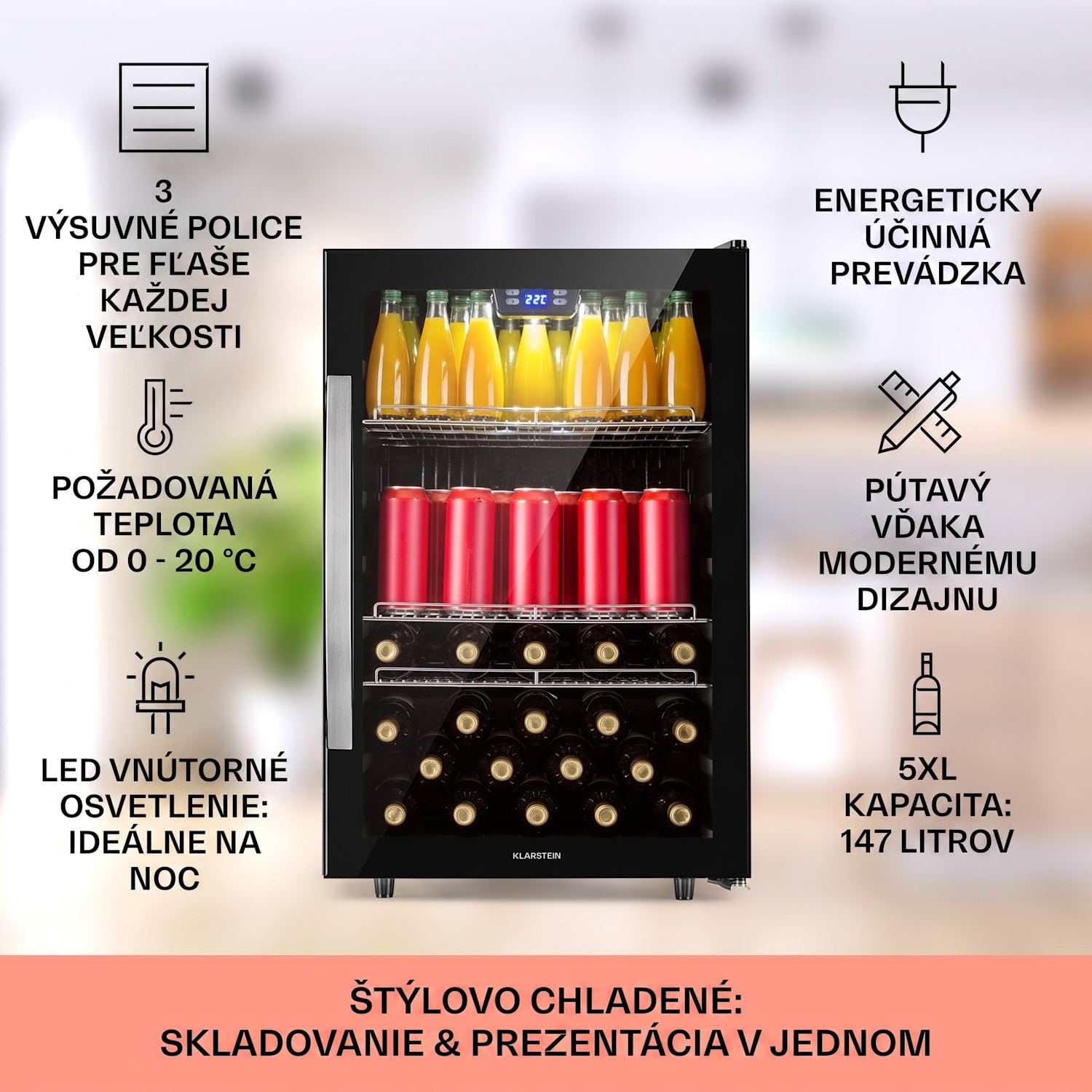 Beersafe 5XL, chladnička, 147 l, 3 police, panoramatické sklenené dvere, nehrdzavejúca oceľ 147 litrov | Čierna | Čierna