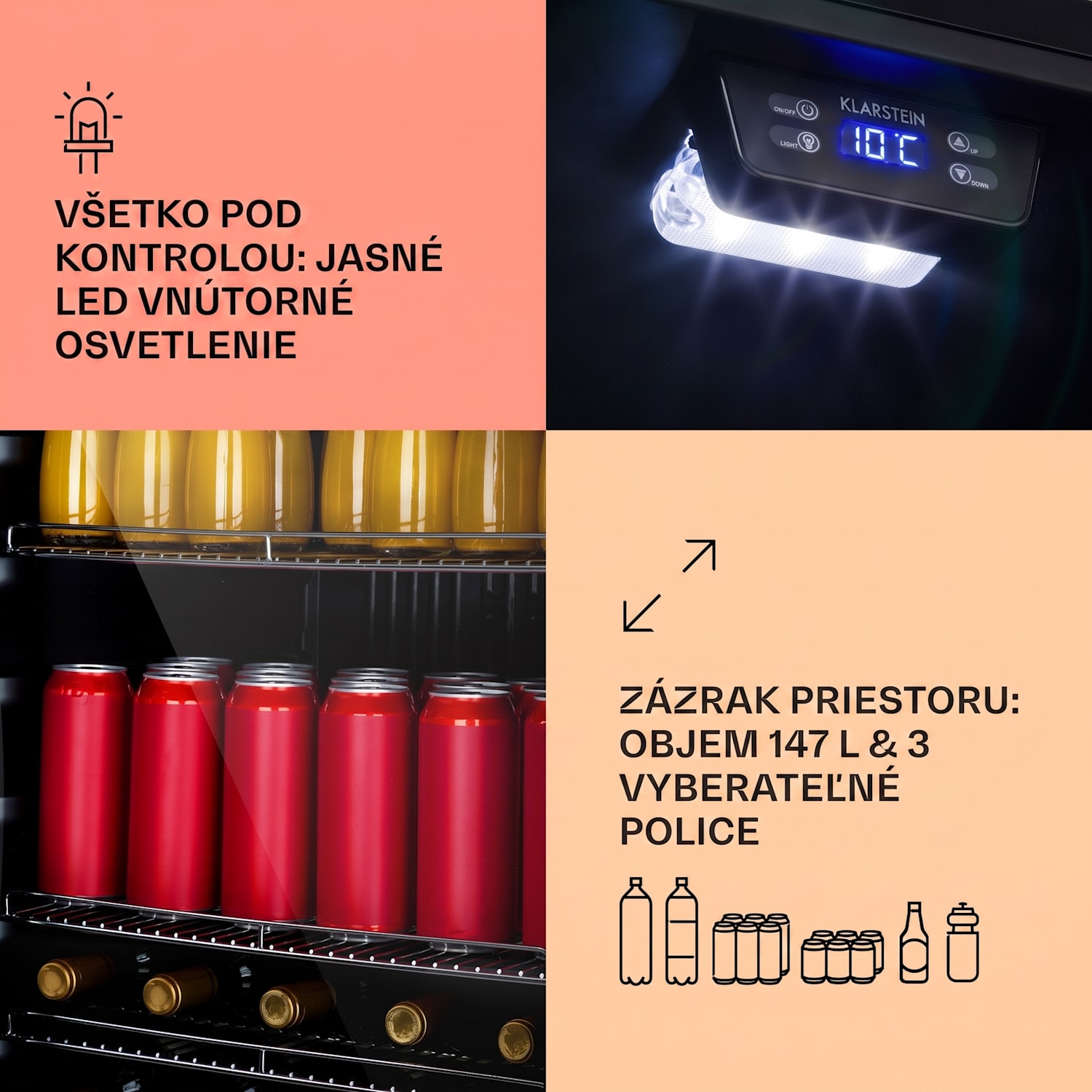 Beersafe 5XL, chladnička, 147 l, 3 police, panoramatické sklenené dvere, nehrdzavejúca oceľ 147 litrov | Čierna | Čierna