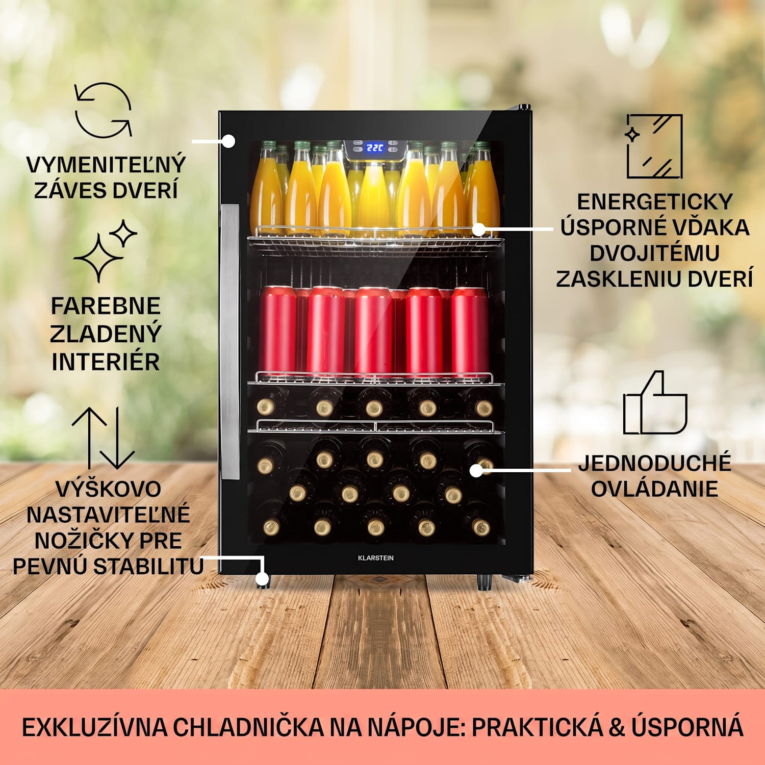 Beersafe 5XL, chladnička, 147 l, 3 police, panoramatické sklenené dvere, nehrdzavejúca oceľ 147 litrov | Čierna | Čierna