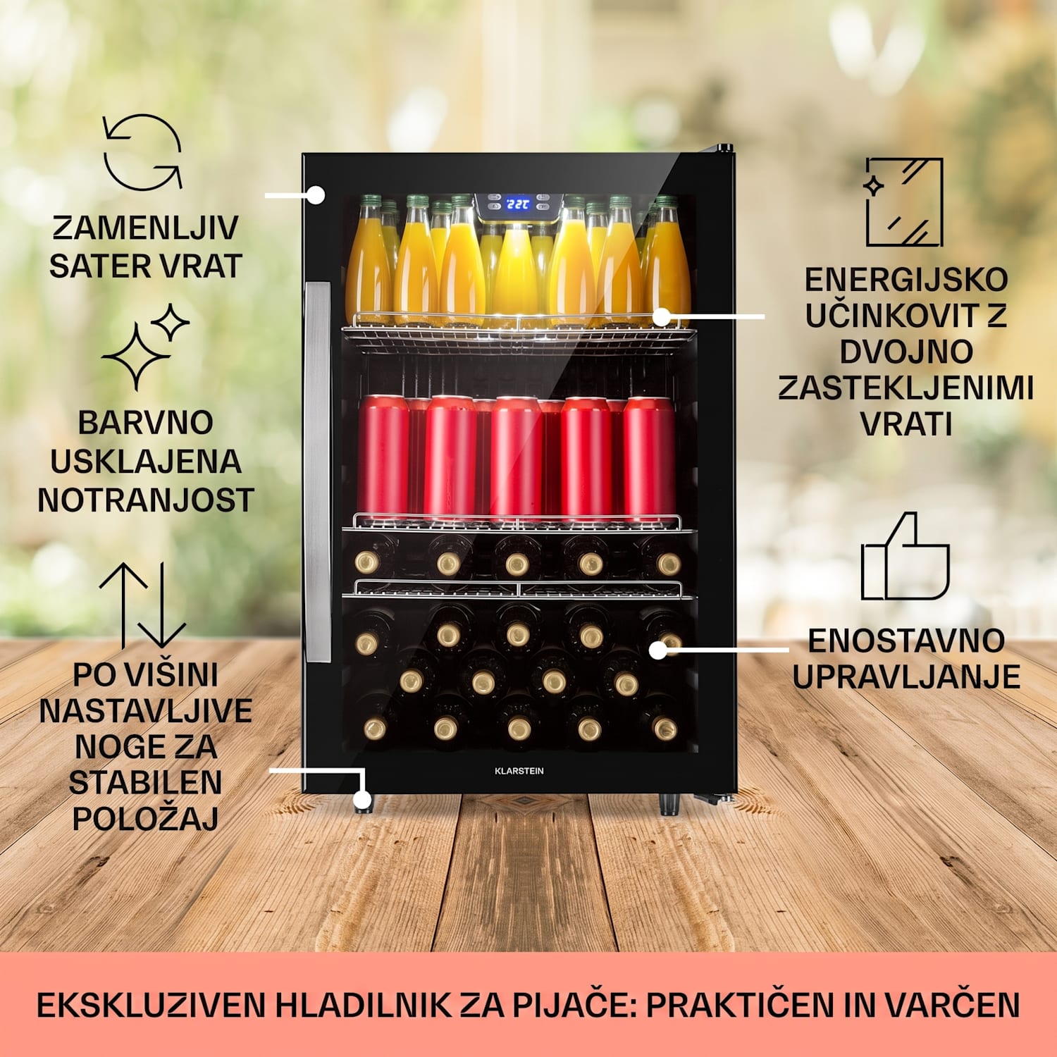 Beersafe 5XL, hladilnik, 147 litrov, 3 police, panoramska steklena vrata, nerjaveče jeklo 147 Ltr | Črna | Črna