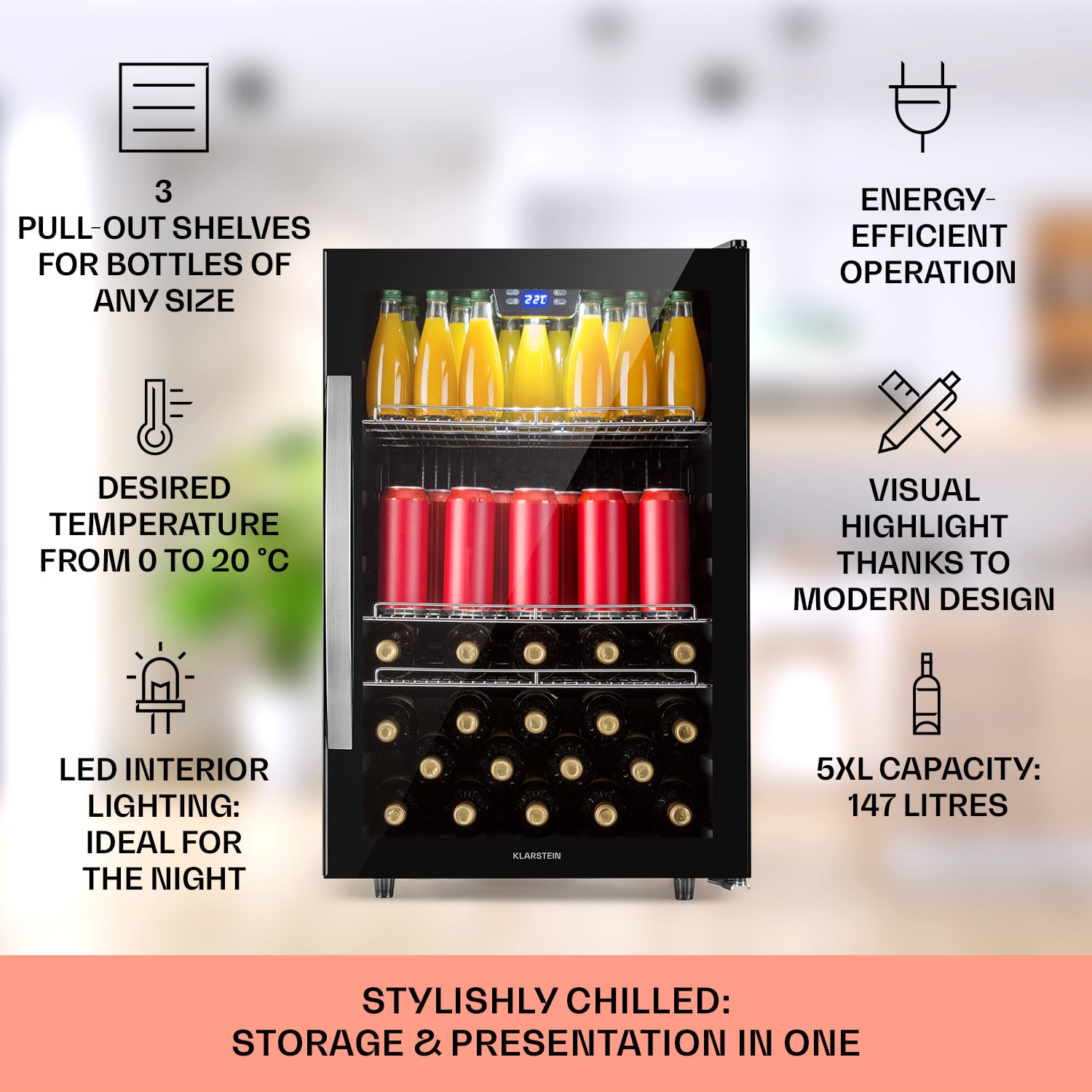 Beersafe 5XL, chladnička, 148 l, 3 police, panoramatické sklenené dvere, nehrdzavejúca oceľ 148 litrov | Čierna