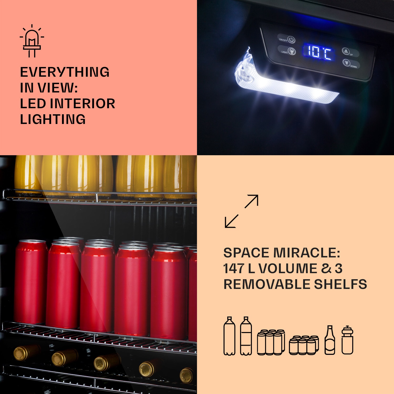 Beersafe 5XL, chladnička, 148 l, 3 police, panoramatické sklenené dvere, nehrdzavejúca oceľ 148 litrov | Čierna