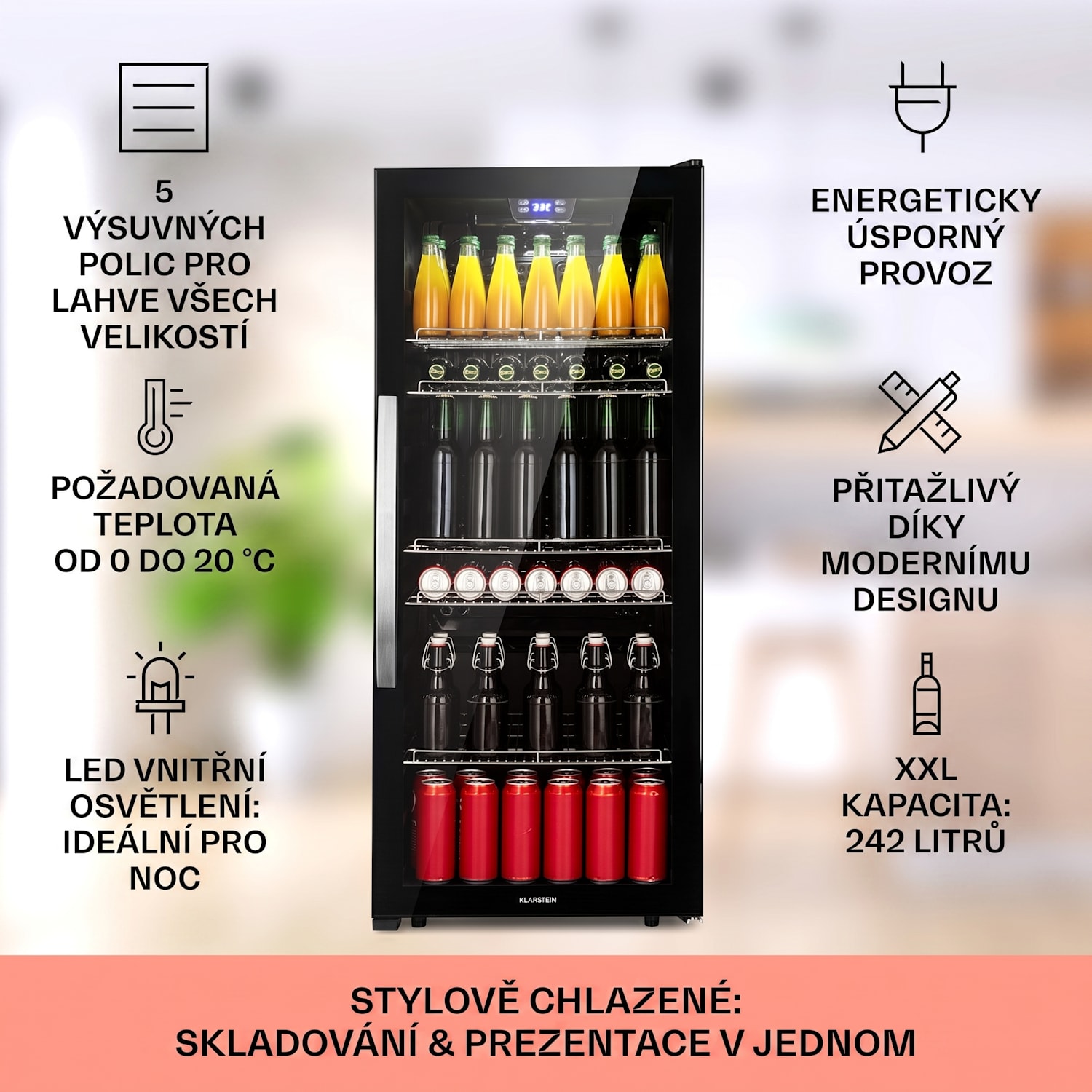 Beersafe 7XL, lednice, 242 l, 5 polic, panoramatické skleněné dveře, nerezová ocel 242 L | Černá | Černá