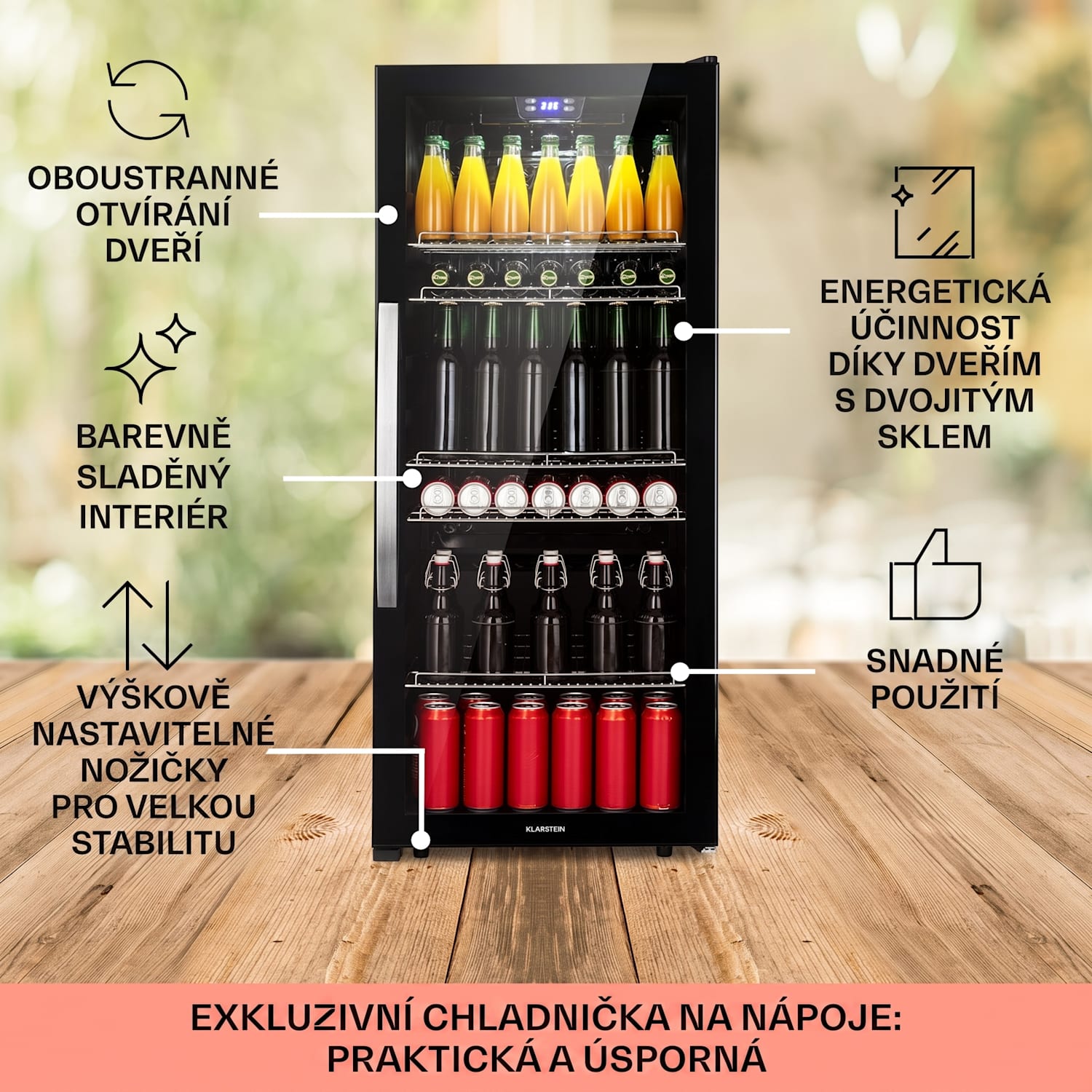 Beersafe 7XL, lednice, 242 l, 5 polic, panoramatické skleněné dveře, nerezová ocel 242 L | Černá | Černá