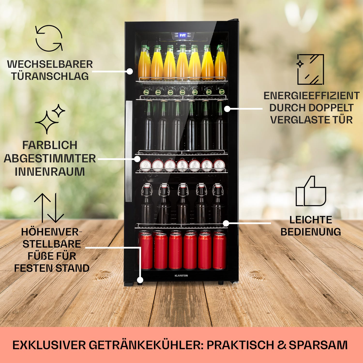 Beersafe 7XL Kühlschrank 242 Liter 5 Böden Panoramaglastür Edelstahl 242 L | Schwarz | Schwarz