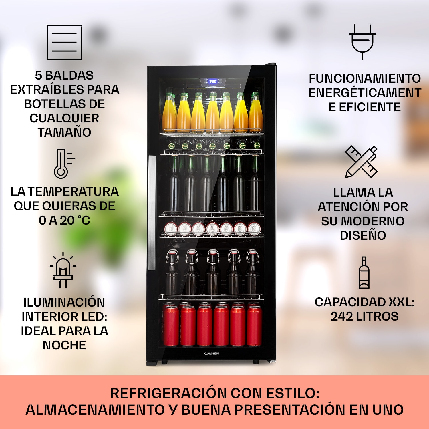 Nevera Beersafe 7XL 242 litros 5 estantes puerta panorámica de cristal acero inoxidable 242 L | Negro | Negro
