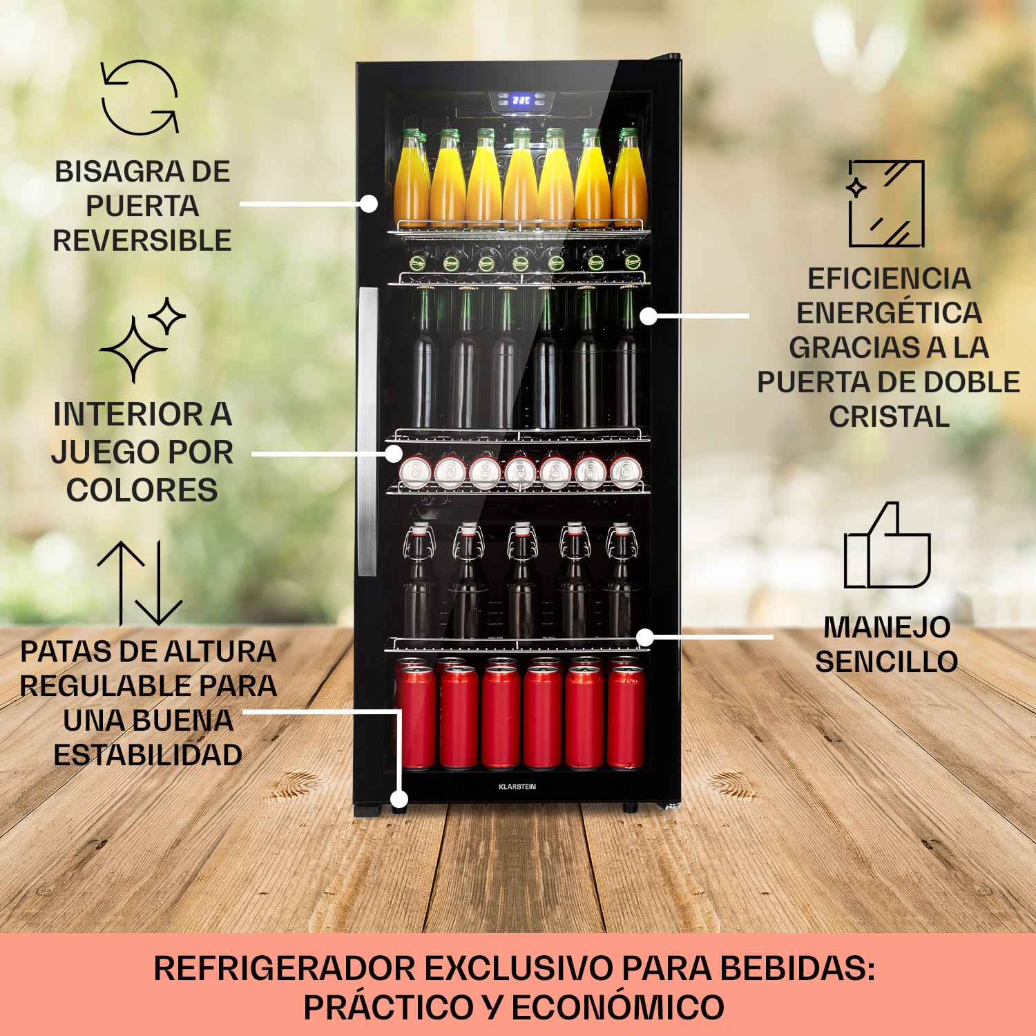 Nevera Beersafe 7XL 242 litros 5 estantes puerta panorámica de cristal acero inoxidable 242 L | Onyx