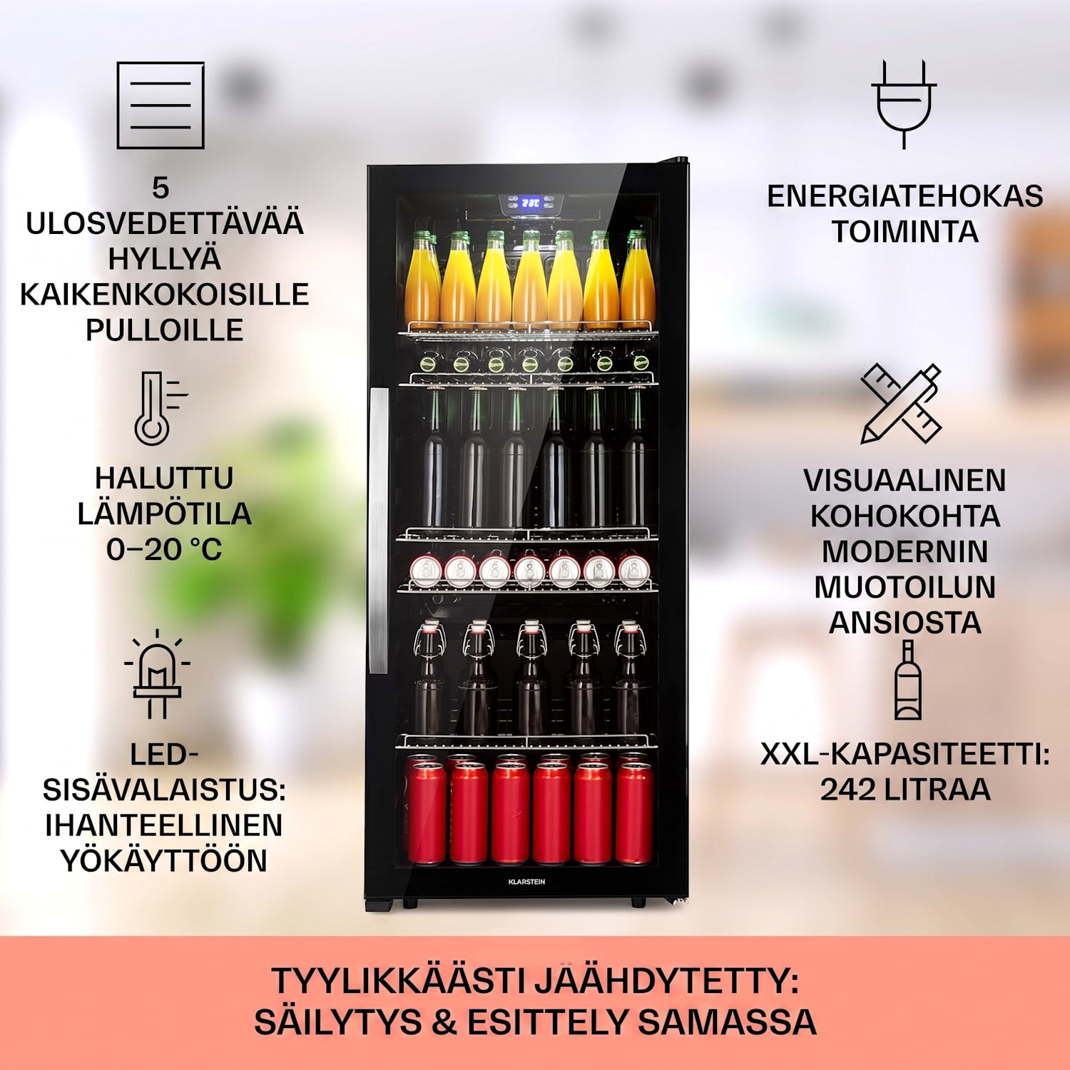 Beersafe 7XL jääkaappi 242 litraa 5 hyllyä panoraamalasiovi ruostumaton teräs 242 L | Musta | Musta