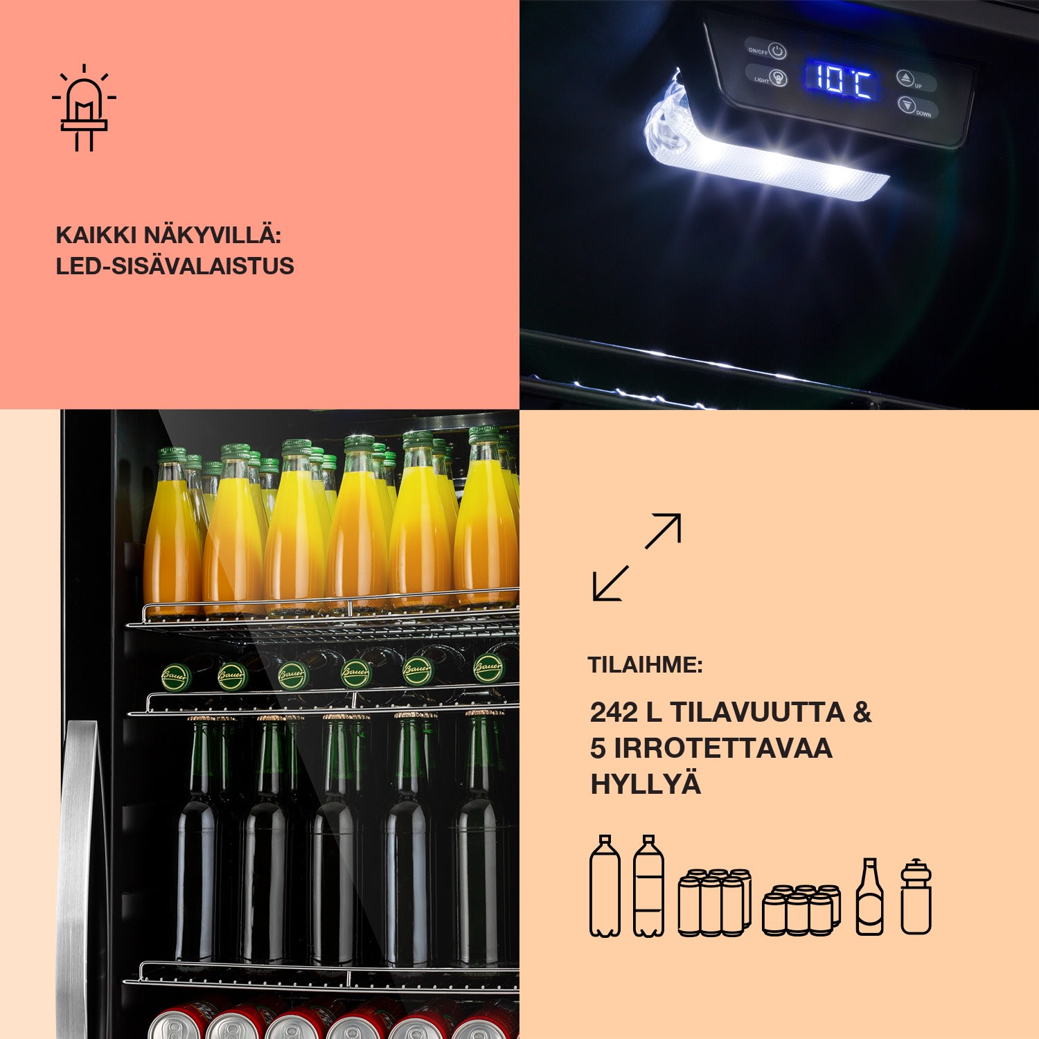 Beersafe 7XL jääkaappi 242 litraa 5 hyllyä panoraamalasiovi ruostumaton teräs 242 L | Musta | Musta