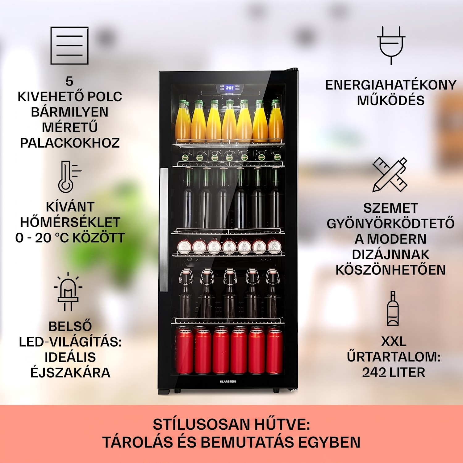 Beersafe 7XL, hűtőszekrény, 242 liter, 5 polc, panoráma üvegajtó, rozsdamentes acél 242 L | Fekete | Fekete
