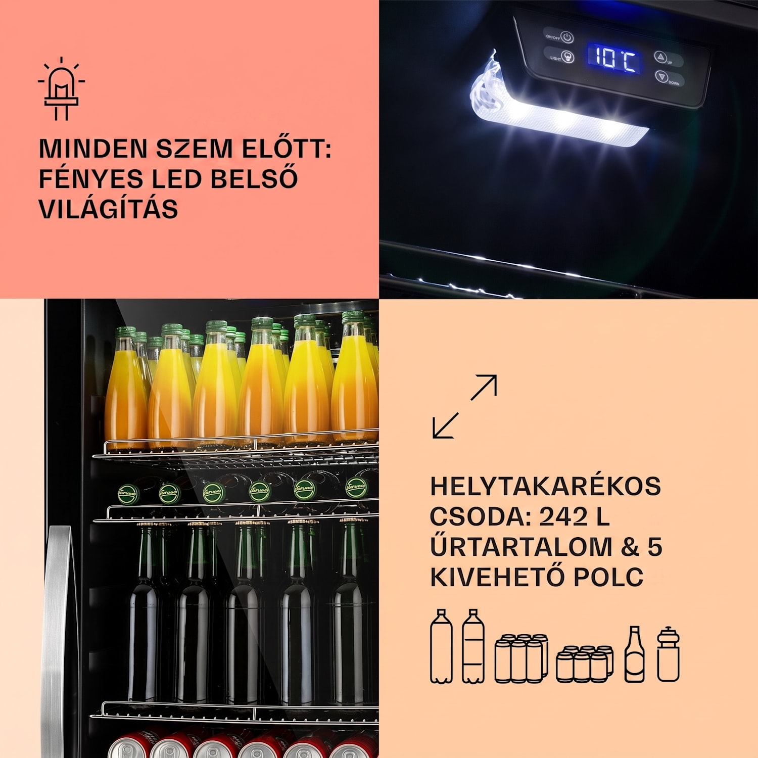 Beersafe 7XL, hűtőszekrény, 242 liter, 5 polc, panoráma üvegajtó, rozsdamentes acél 242 L | Fekete | Fekete
