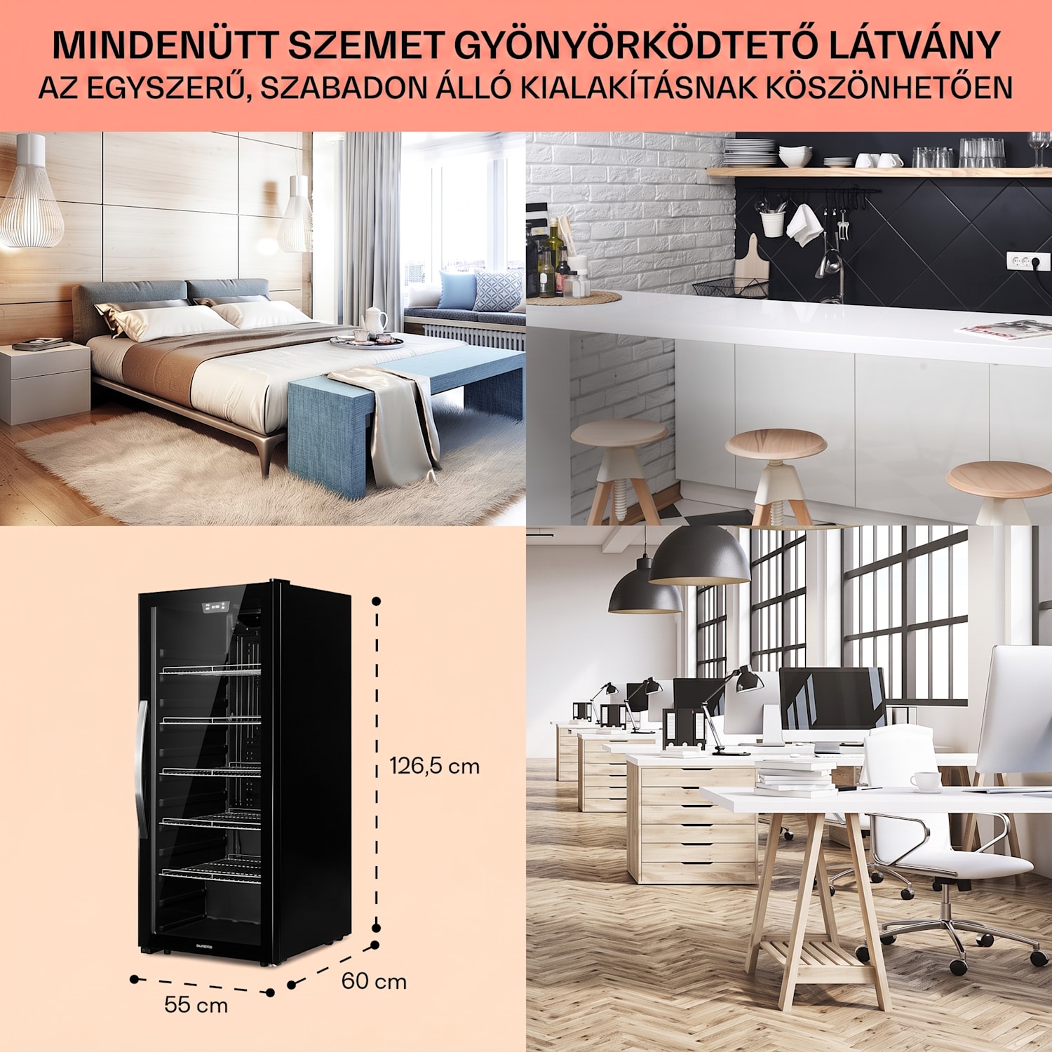 Beersafe 7XL, hűtőszekrény, 242 liter, 5 polc, panoráma üvegajtó, rozsdamentes acél 242 L | Fekete | Fekete