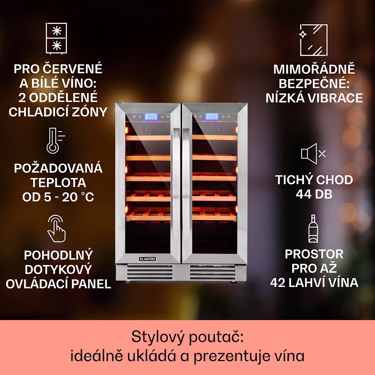 Vinovilla Duo 42, vinotéka, 126 l/42 lahví, 2 zóny, 3 barvy LED osvětlení, skleněné dveře 42 lahví | 2 chladicí zóny | Nerezová ocel