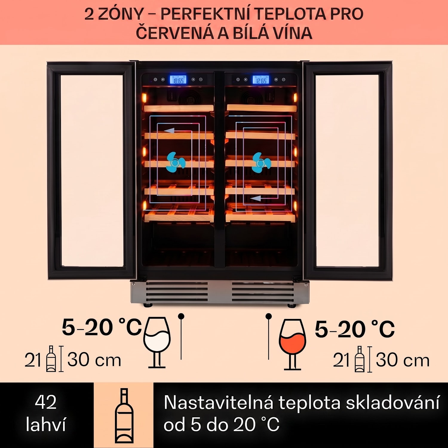 Vinovilla Duo 42, vinotéka, 126 l/42 lahví, 2 zóny, 3 barvy LED osvětlení, skleněné dveře 42 lahví | 2 chladicí zóny | Nerezová ocel