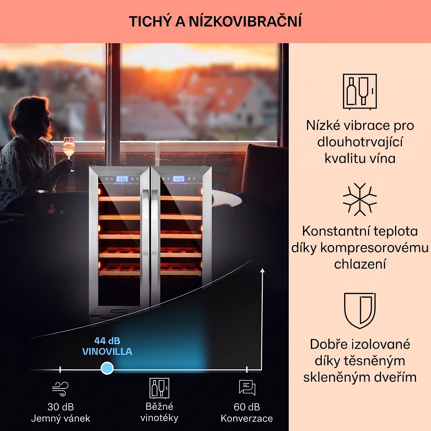 Vinovilla Duo 42, vinotéka, 126 l/42 lahví, 2 zóny, 3 barvy LED osvětlení, skleněné dveře 42 lahví | 2 chladicí zóny | Nerezová ocel