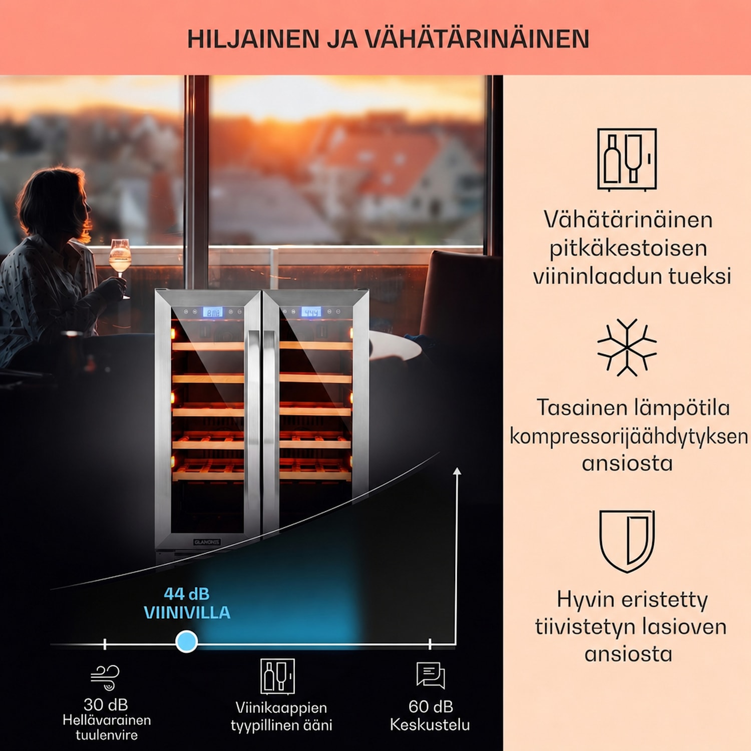 Vinovilla 42 Twin sisäänrakennettava Duo kaksialueinen viinijääkaappi 126l 42 pulloa 3-värinen lasi 42 pulloa | 2 jäähdytysalue | Ruostumaton Teräs