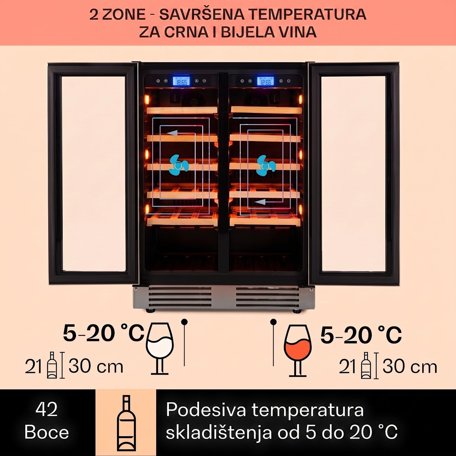 Vinovilla Duo 42 2-zonski hladnjak za vino, 126l, 42 boce, 3 boje, staklena vrata 42 boce | 2 | Nehrđajući čelik