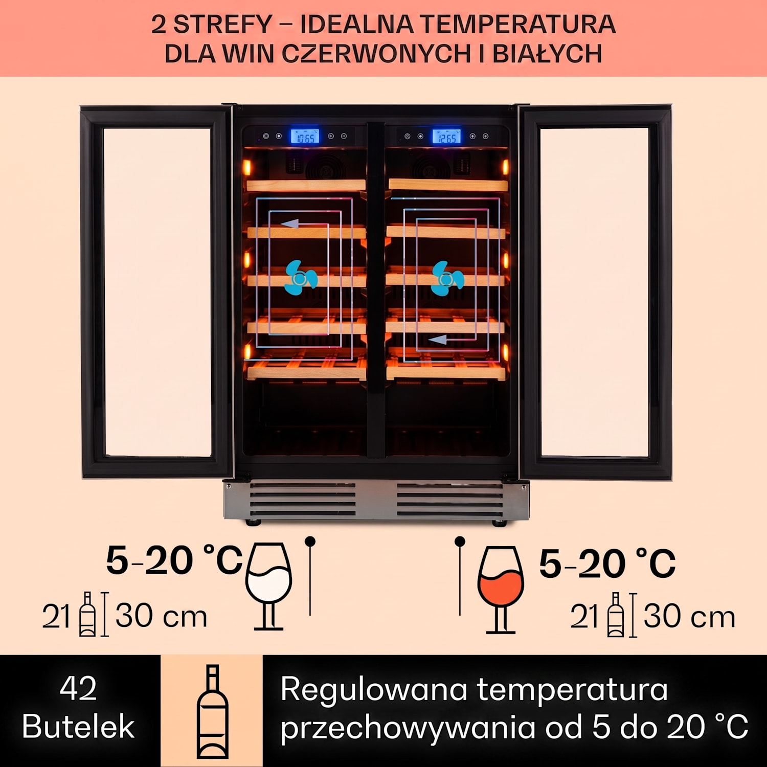 Vinovilla Duo 42, chłodziarka do wina, 2 strefy, 126 l, 42 butelki, 3 kolory, szklane drzwi 42 butelki | 2 strefy chłodzenia | Stal nierdzewna