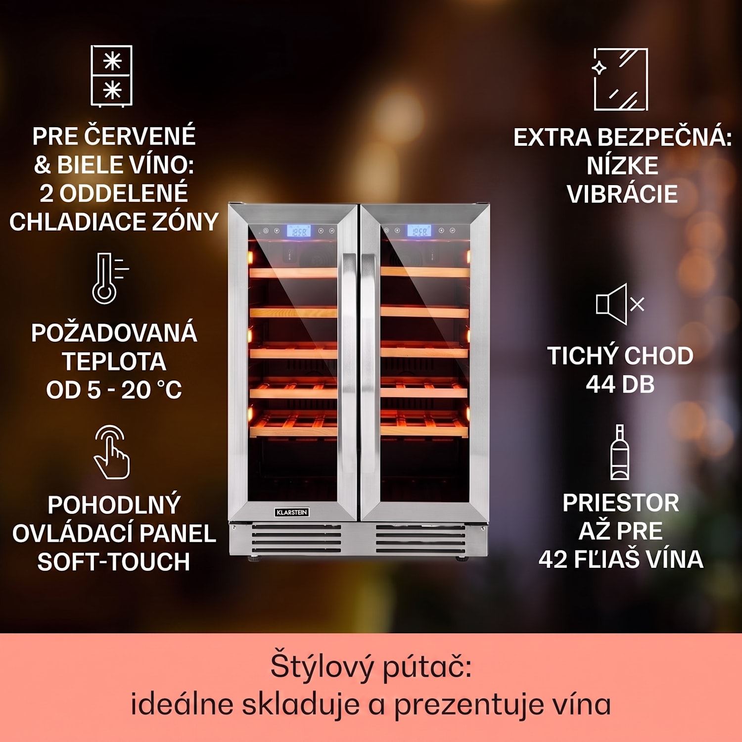 Vinovilla Duo 42, dvojzónová vinotéka, 126 l, 42 fliaš, 3 farebné LED osvetlenie, sklenené dvere 42 fliaš | 2 chladiace zóny | Nehrdzavejúca oceľ