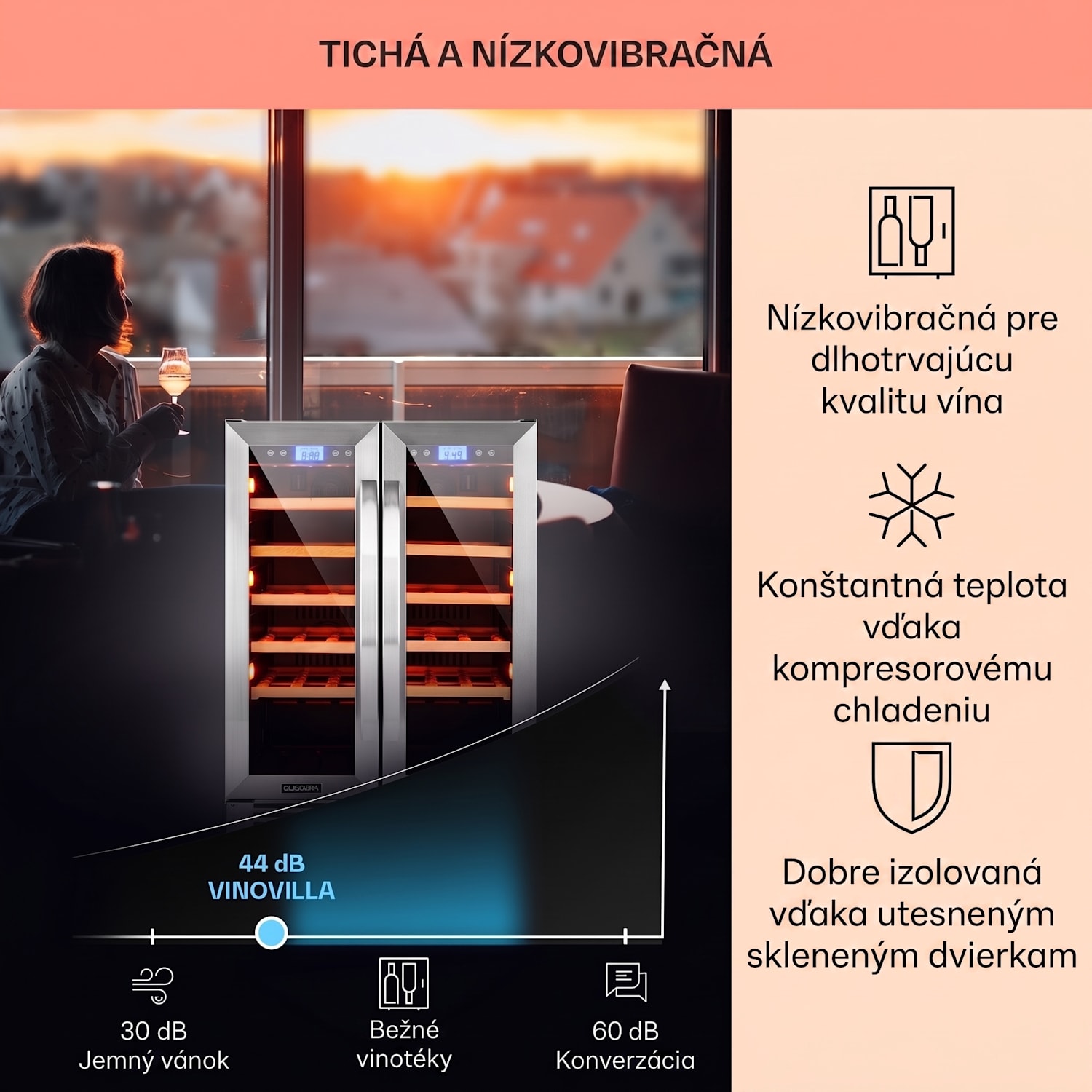 Vinovilla Duo 42, dvojzónová vinotéka, 126 l, 42 fliaš, 3 farebné LED osvetlenie, sklenené dvere 42 fliaš | 2 chladiace zóny | Nehrdzavejúca oceľ