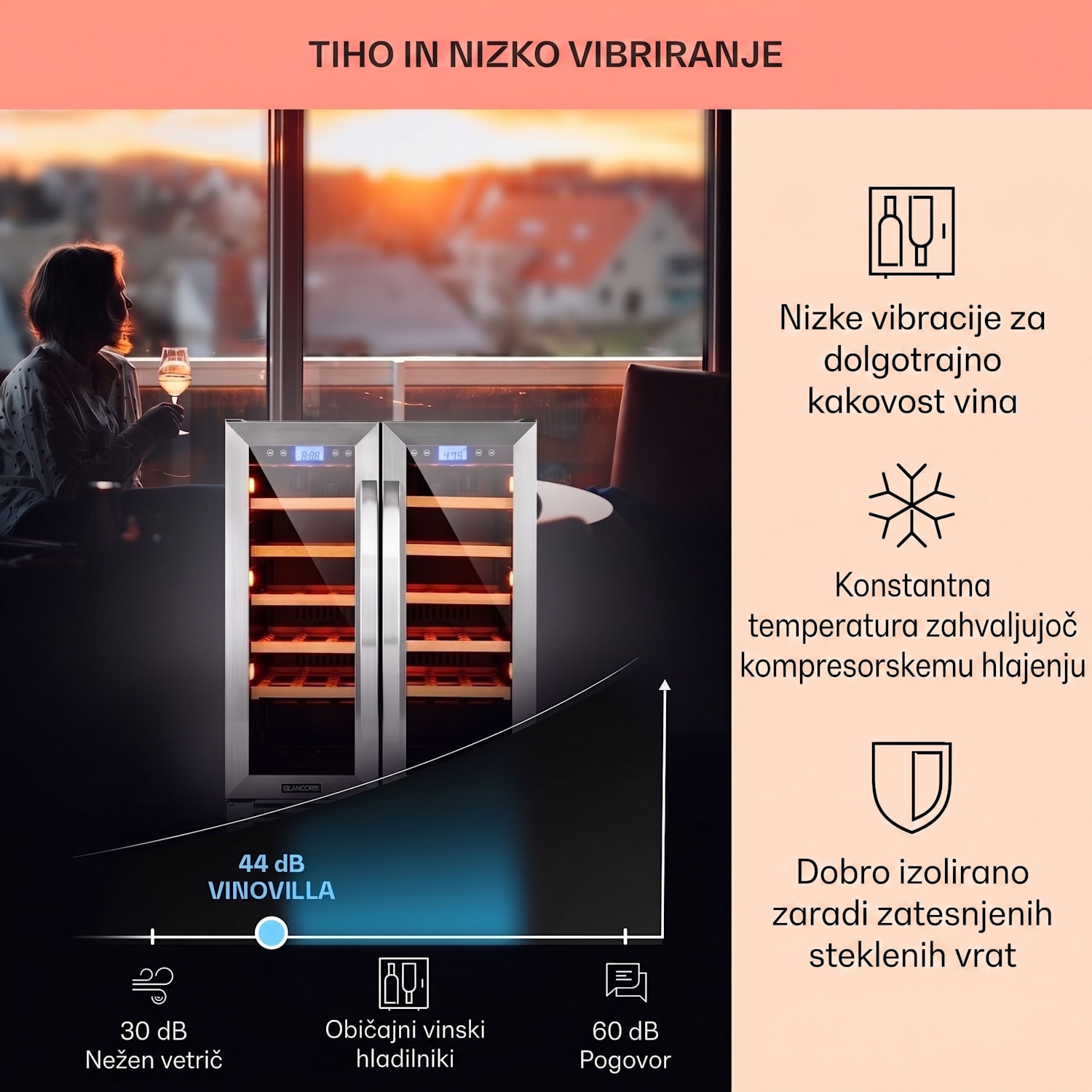 Vinovilla Duo 42 2-conski hladilnik za vino, 126 l, 42 steklenic, 3 barve, steklen 42 steklenic | 2 | Nerjaveče jeklo