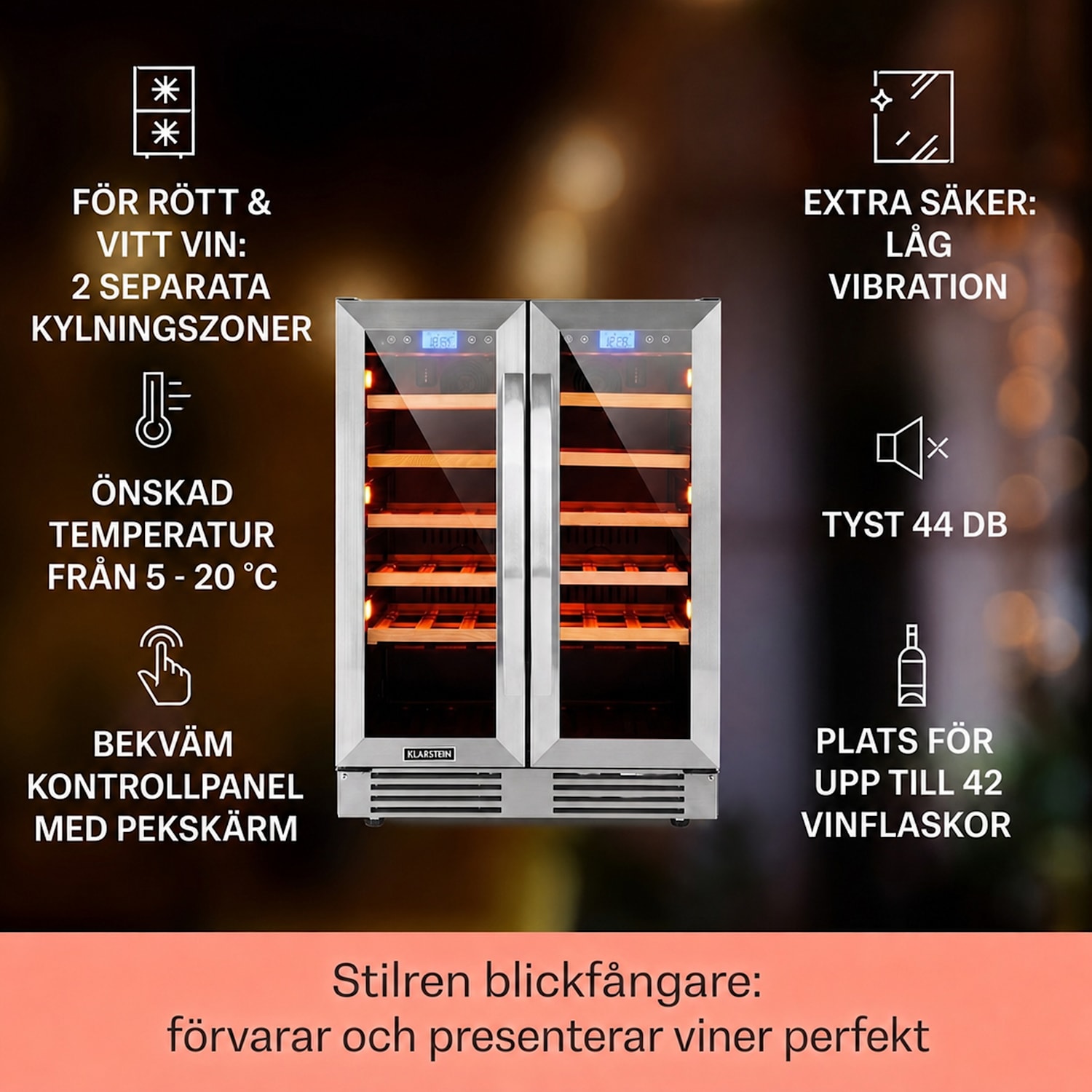 Vinovilla 42 Twin Built-in Duo Vinkylskåp med två zoner 126l 42 fl. 3 färger glas 42 flaskor | 2 kylzoner | Rostfritt Stål