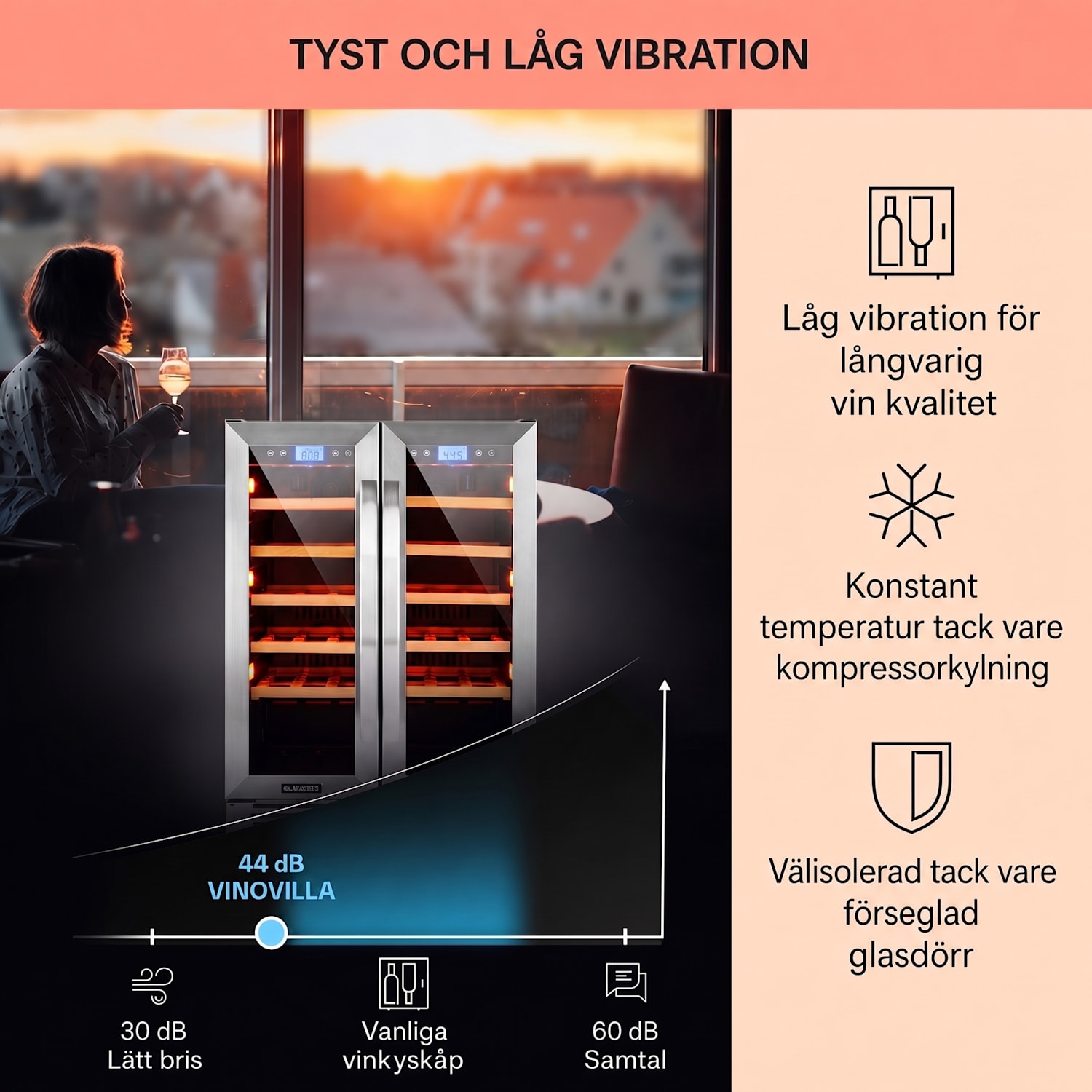 Vinovilla 42 Twin Built-in Duo Vinkylskåp med två zoner 126l 42 fl. 3 färger glas 42 flaskor | 2 kylzoner | Rostfritt Stål