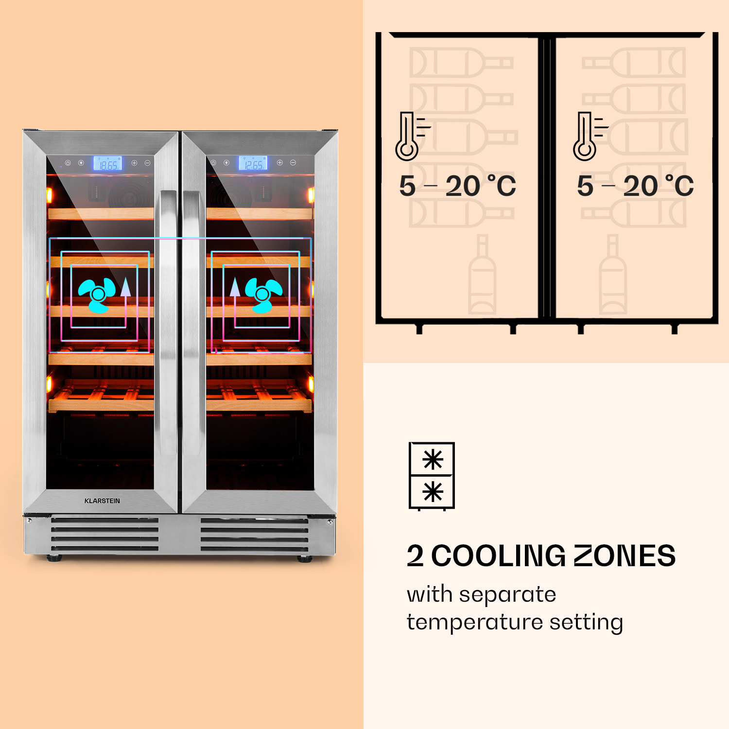 Vinovilla 42 Twin Built-In Duo Vinoteca de dos zonas, 126 litros, 42 botellas y cristal de 3 colores 42 botellas | 2 zonas de refrigeración | Acero Inoxidable