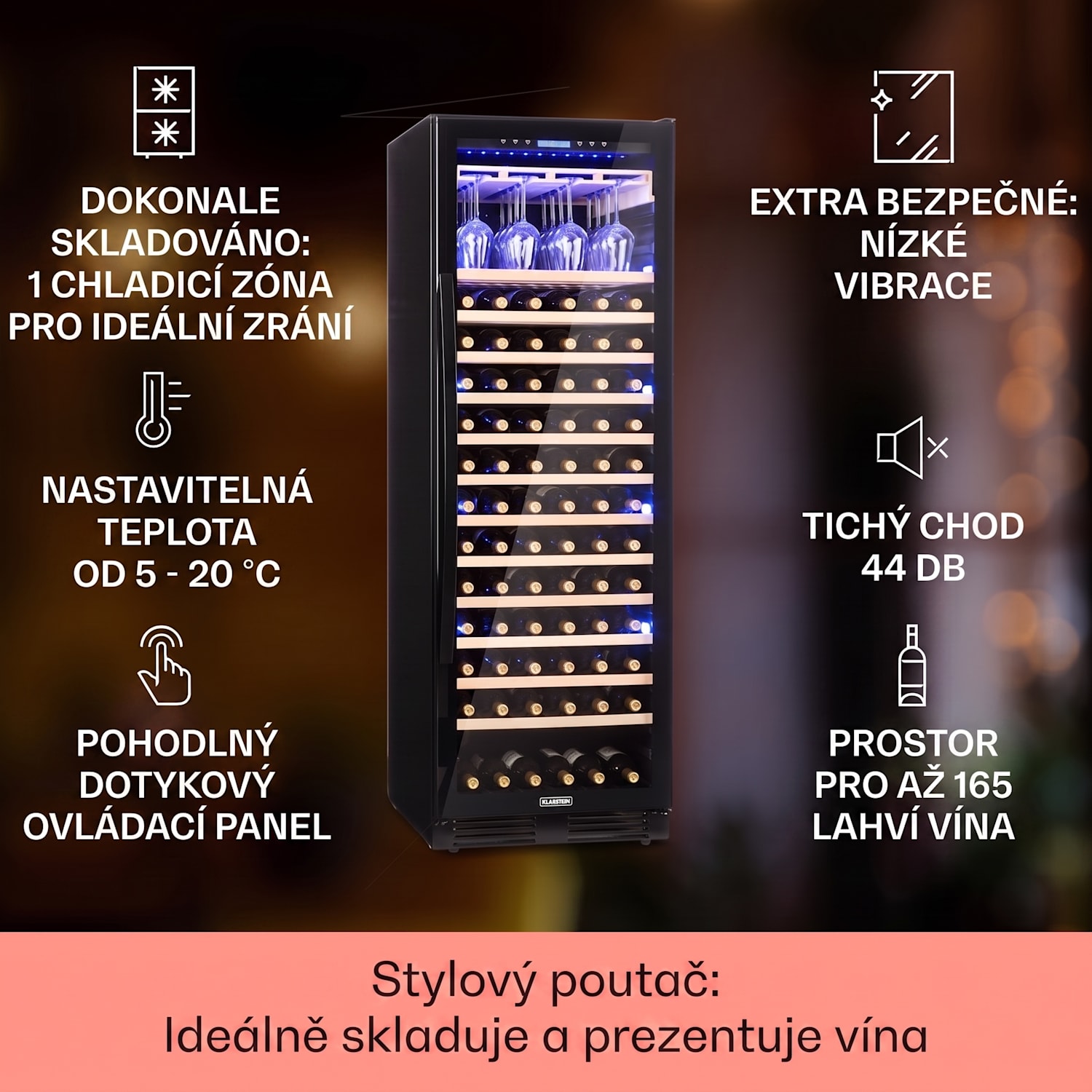 Vinovilla Onyx Grande, vinotéka, 433 l/165 lahví, černá 165 lahví | 1 chladící zóna | Černá