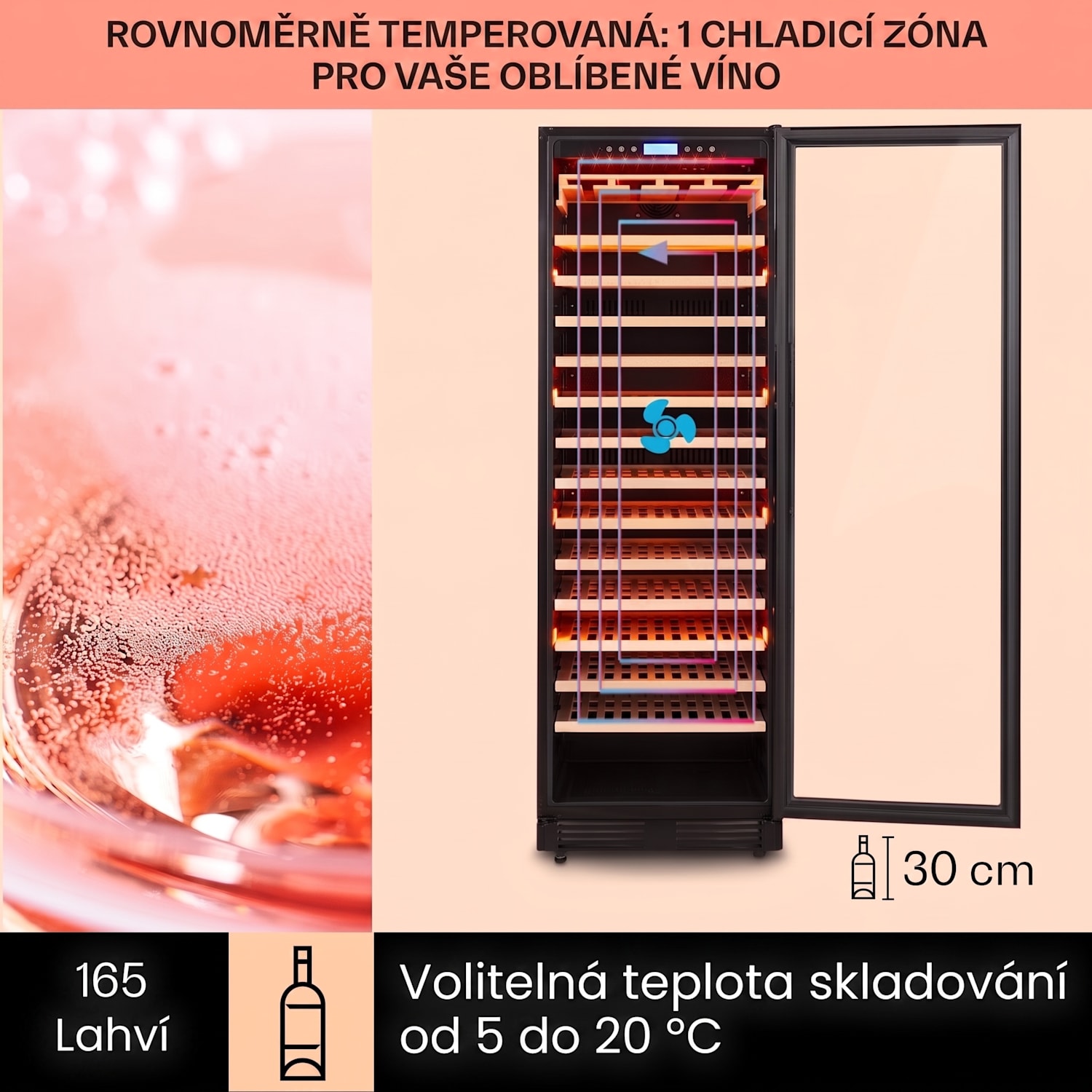 Vinovilla Onyx Grande, vinotéka, 433 l/165 lahví, černá 165 lahví | 1 chladící zóna | Černá
