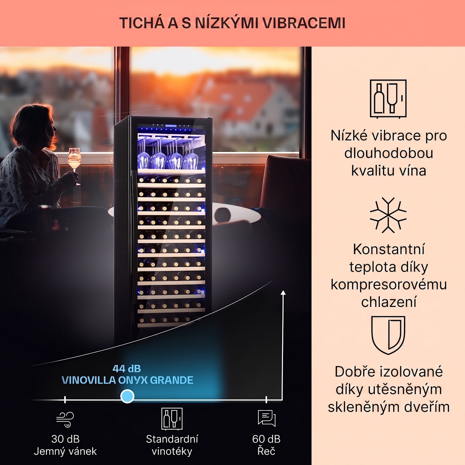 Vinovilla Onyx Grande, vinotéka, 433 l/165 lahví, černá 165 lahví | 1 chladící zóna | Černá
