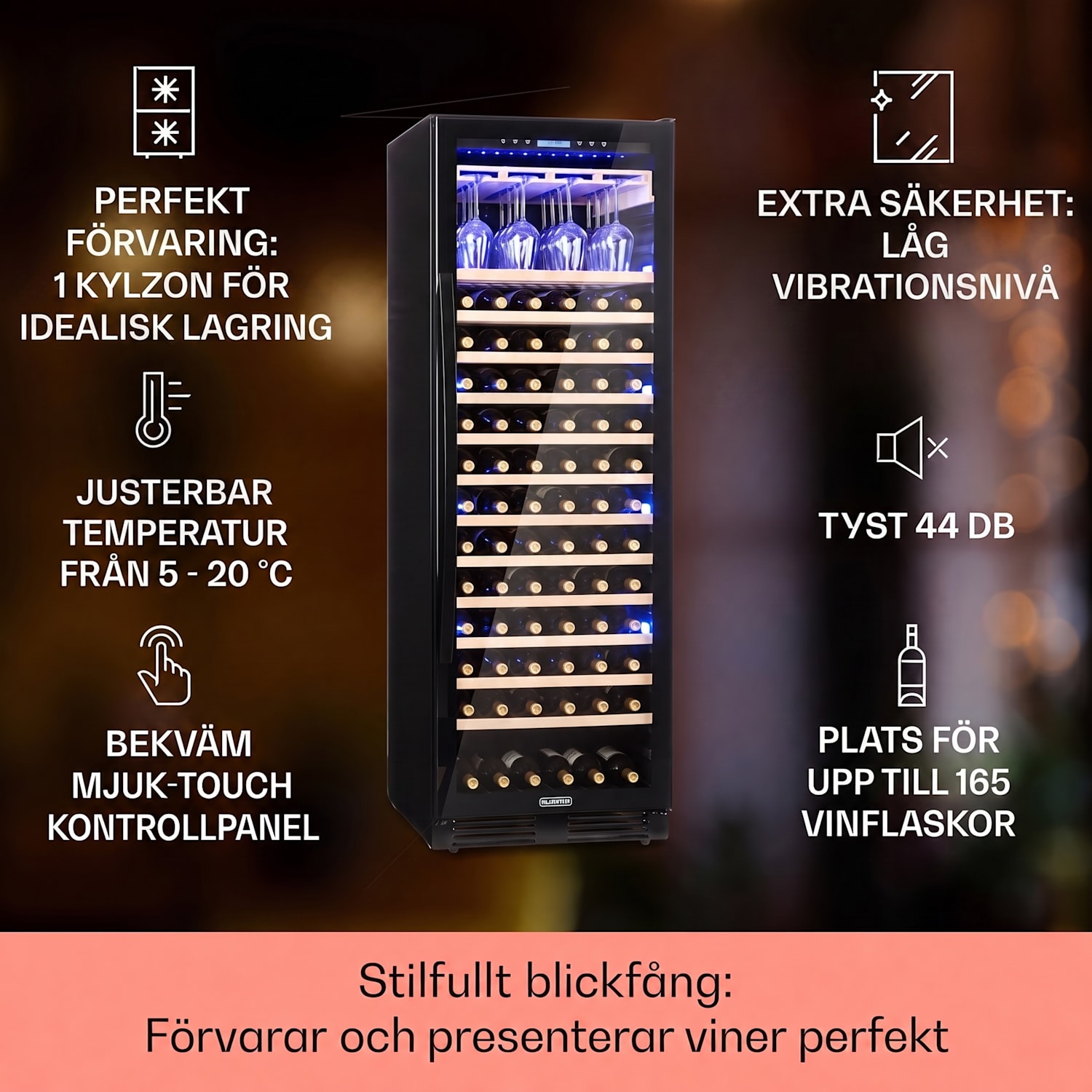 Vinovilla Grande 165 Built-in Uno Onyx Stort vinkylskåp 433 liter 165 fl. 165 flaskor | 1 kylzon | Svart