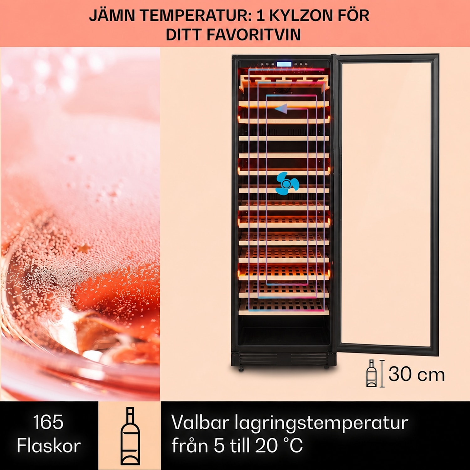 Vinovilla Grande 165 Built-in Uno Onyx Stort vinkylskåp 433 liter 165 fl. 165 flaskor | 1 kylzon | Svart