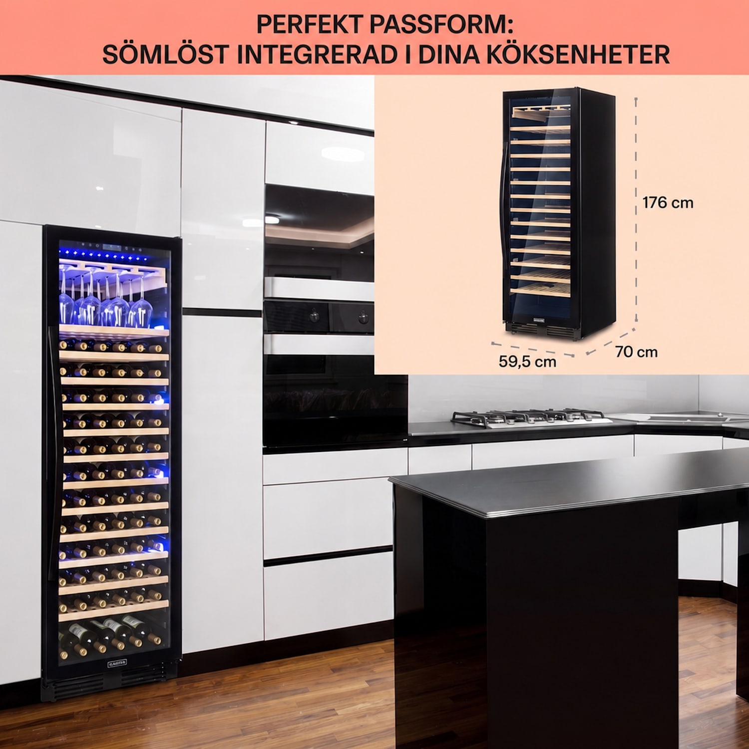 Vinovilla Grande 165 Built-in Uno Onyx Stort vinkylskåp 433 liter 165 fl. 165 flaskor | 1 kylzon | Svart