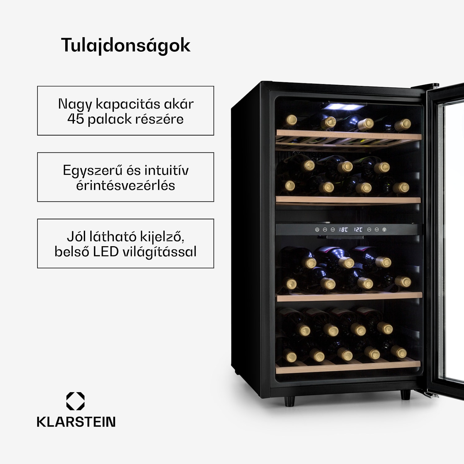 Vinamour 45D, borhűtő, 118 liter, 45 palack, 5 - 18 °C, 2 zóna, rozsdamentes acél 45 palack | 2 hűtőzóna | Rozsdamentes acél