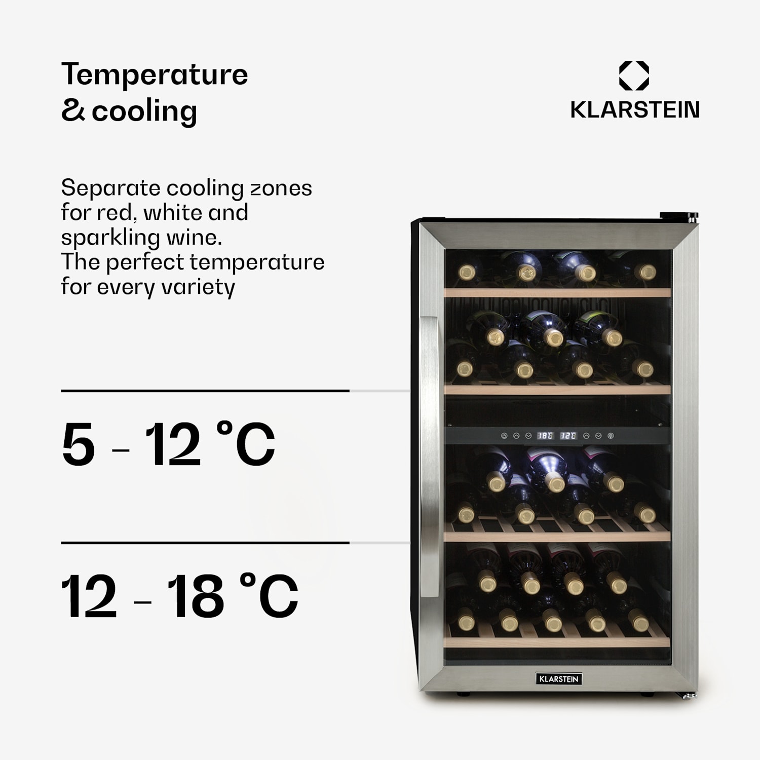 Vinamour 45 Duo -viinikaappi 2 aluetta 118 litraa / 45 pulloa 5–18 °C 45 pulloa | 2 jäähdytysalue | Ruostumaton Teräs