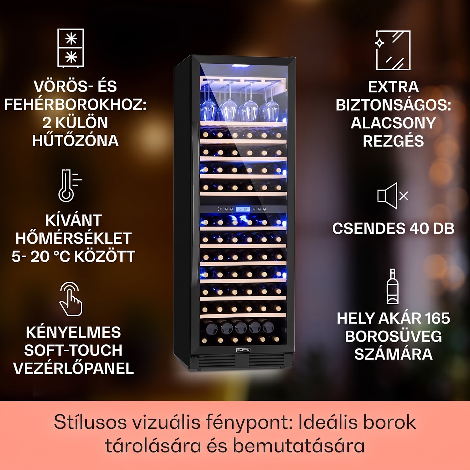 Vinovilla Onyx Grande Duo, borhűtő, 425 liter, 162 palack, 3 színű LED világítás, fekete 165 palack | 2 hűtőzóna | Fekete