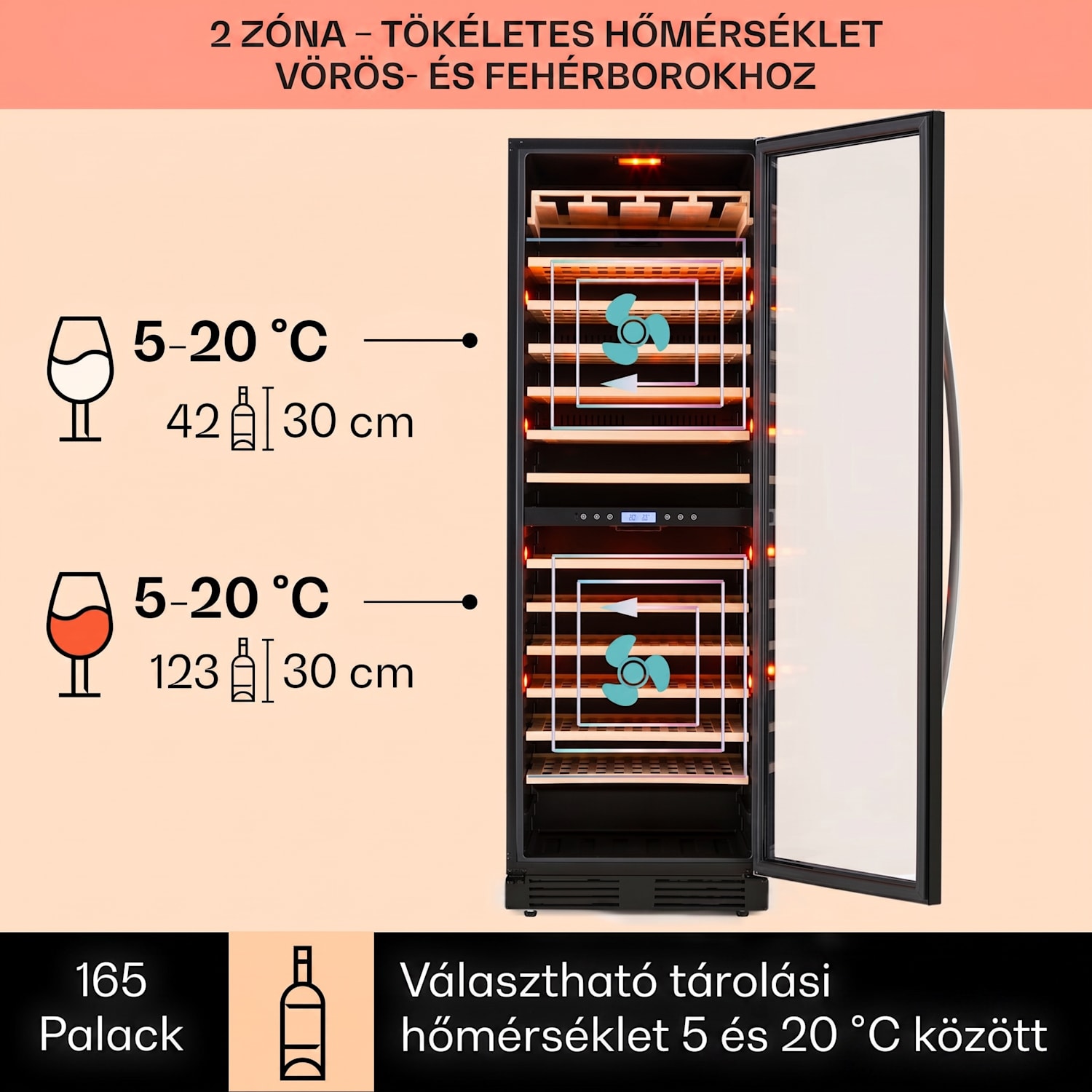 Vinovilla Onyx Grande Duo, borhűtő, 425 liter, 162 palack, 3 színű LED világítás, fekete 165 palack | 2 hűtőzóna | Fekete