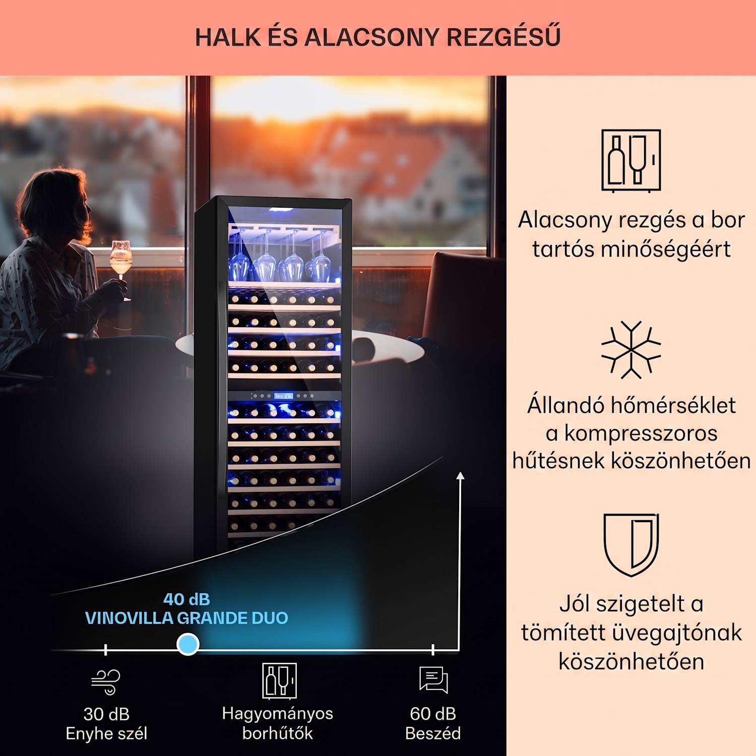 Vinovilla Onyx Grande Duo, borhűtő, 425 liter, 162 palack, 3 színű LED világítás, fekete 165 palack | 2 hűtőzóna | Fekete