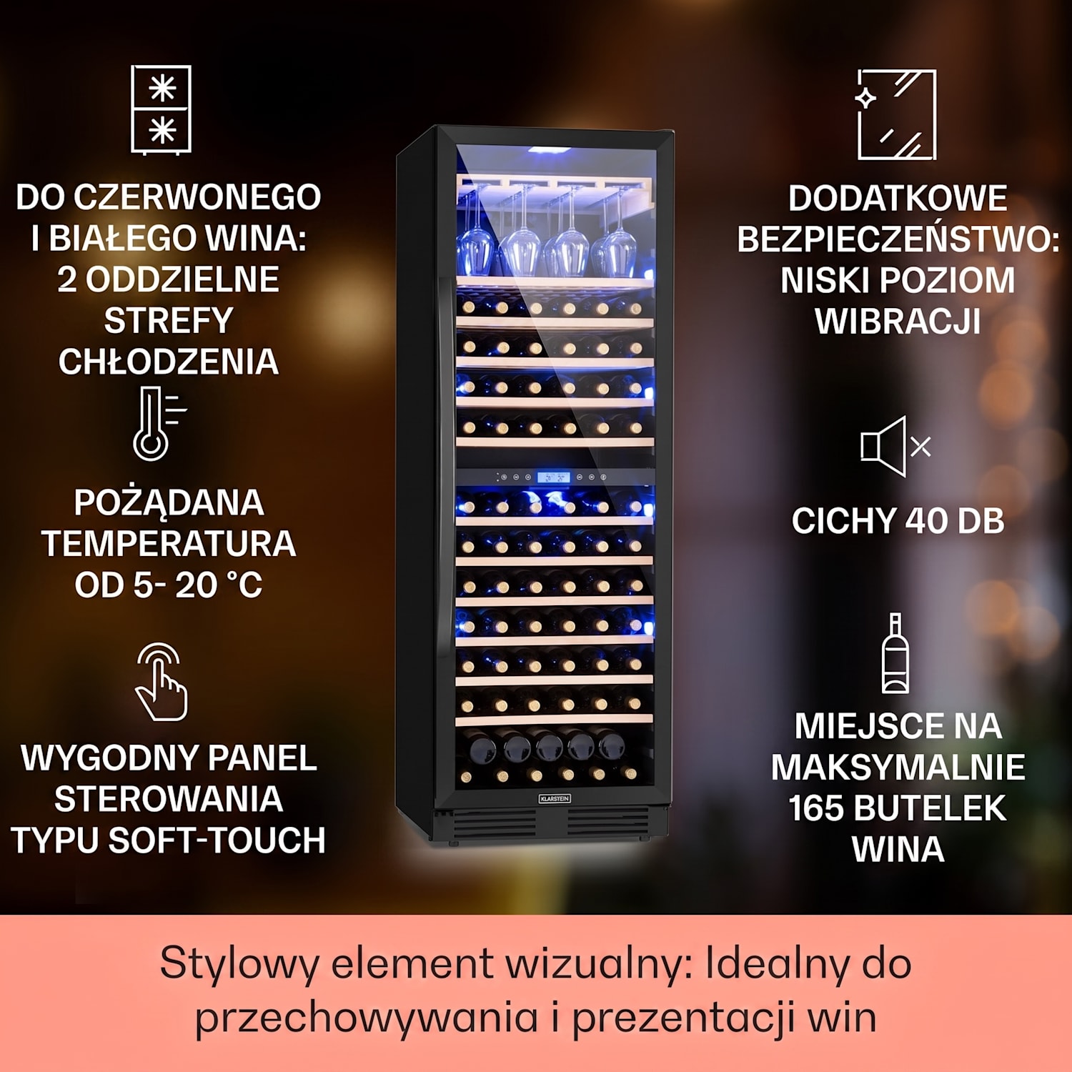 Vinovilla Onyx Grande Duo, chłodziarka do wina, 425 l, 162 butelek, czarna 165 butelek | 2 strefy chłodzenia | Czarny