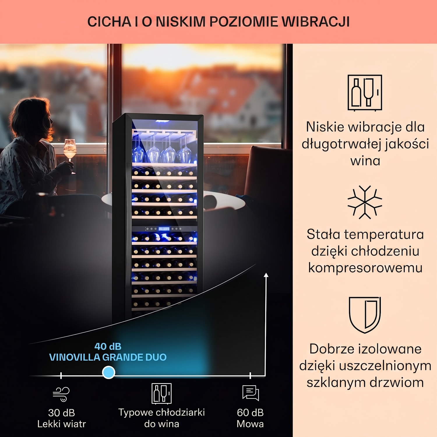 Vinovilla Onyx Grande Duo, chłodziarka do wina, 425 l, 162 butelek, czarna 165 butelek | 2 strefy chłodzenia | Czarny