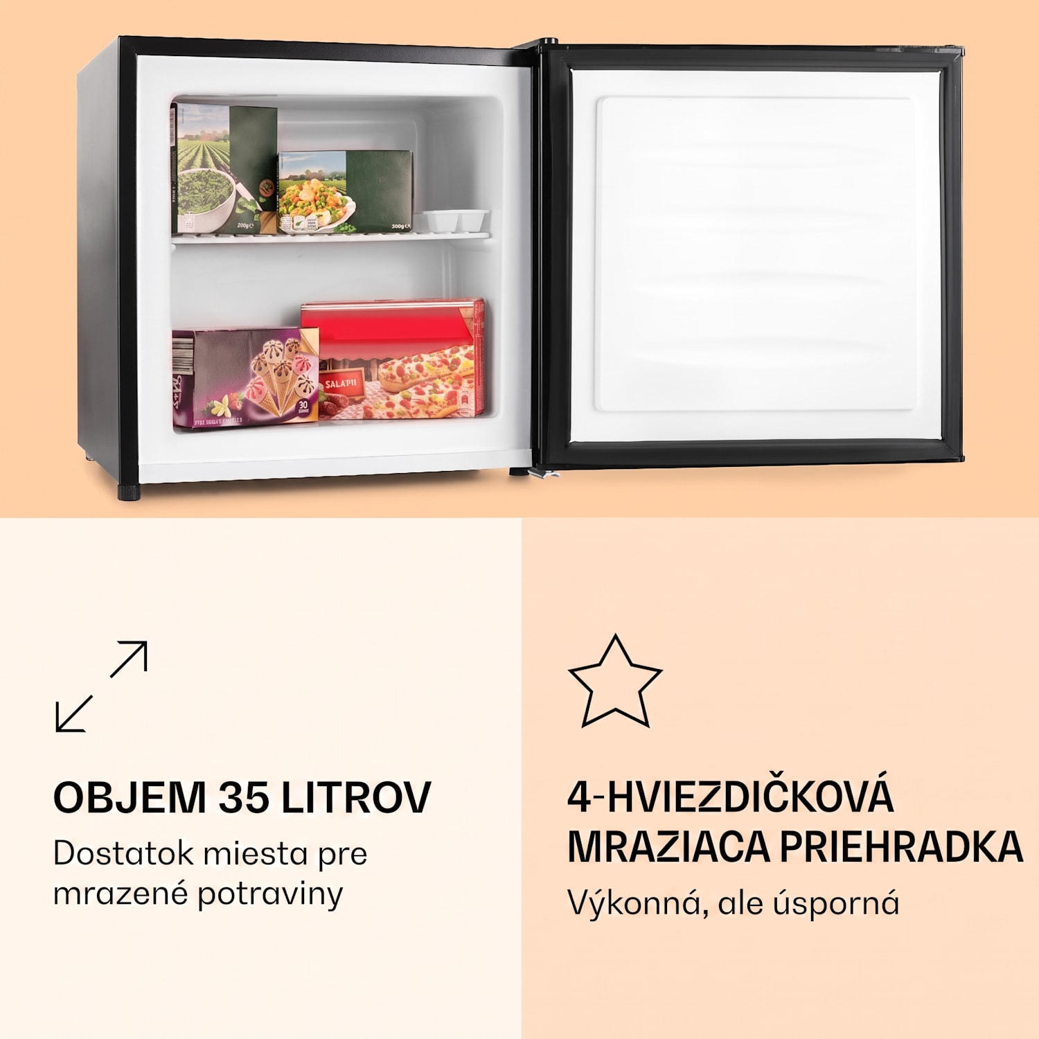 Garfield, mraznička, mraziaci box, 35 l, 65 W, 4-hviezdičková, 2 úrovne 