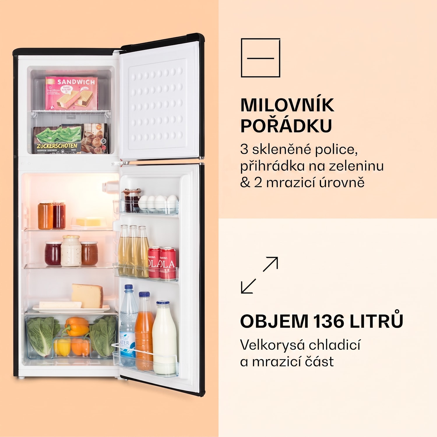 Audrey, kombinovaná chladnička, 97/39 l, retro vzhled 97 + 39 litru | Černá