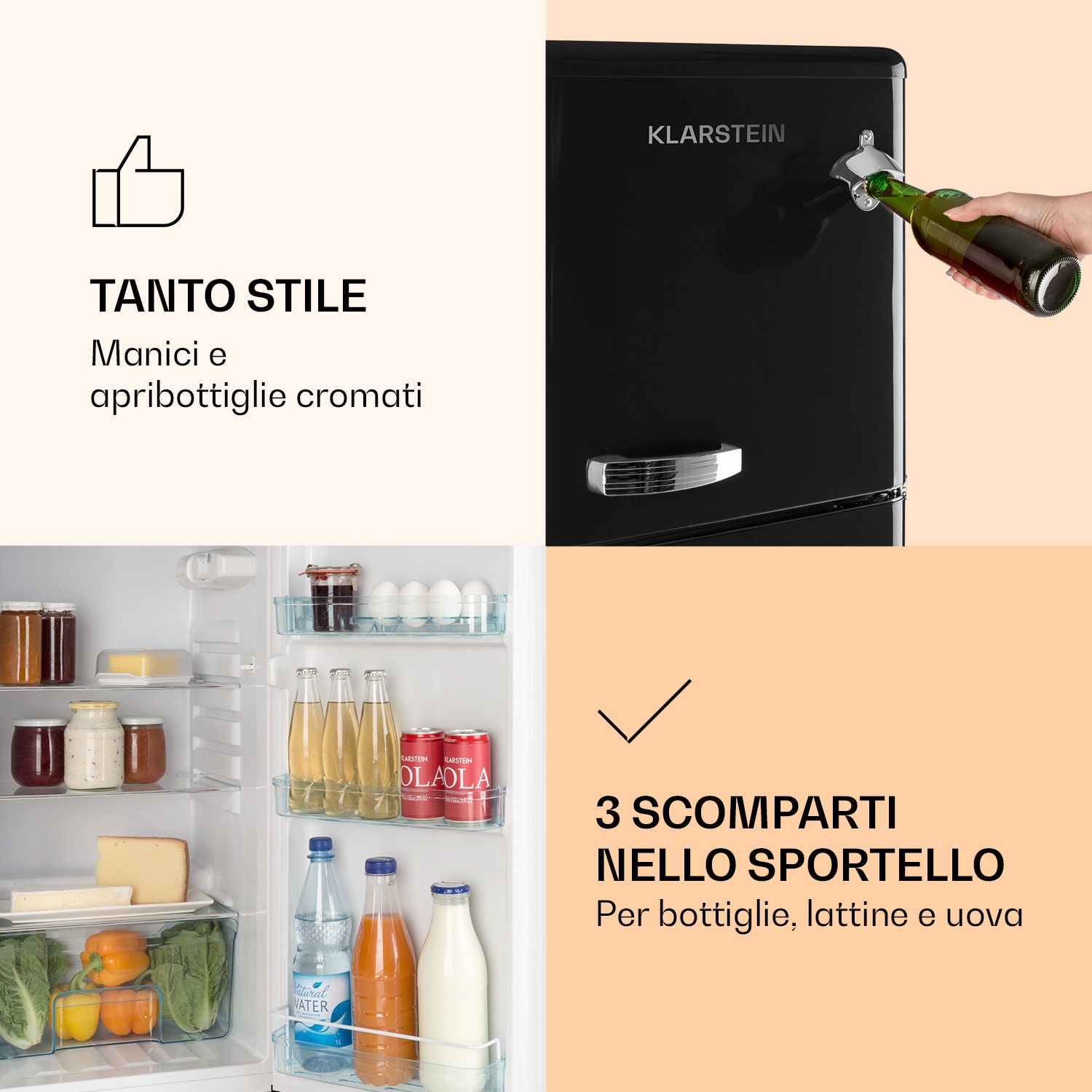 Audrey - Frigorifero combinato con congelatore, 97 L/39 L, look rétro, 2 ripiani 97 + 39 Ltr | Nero
