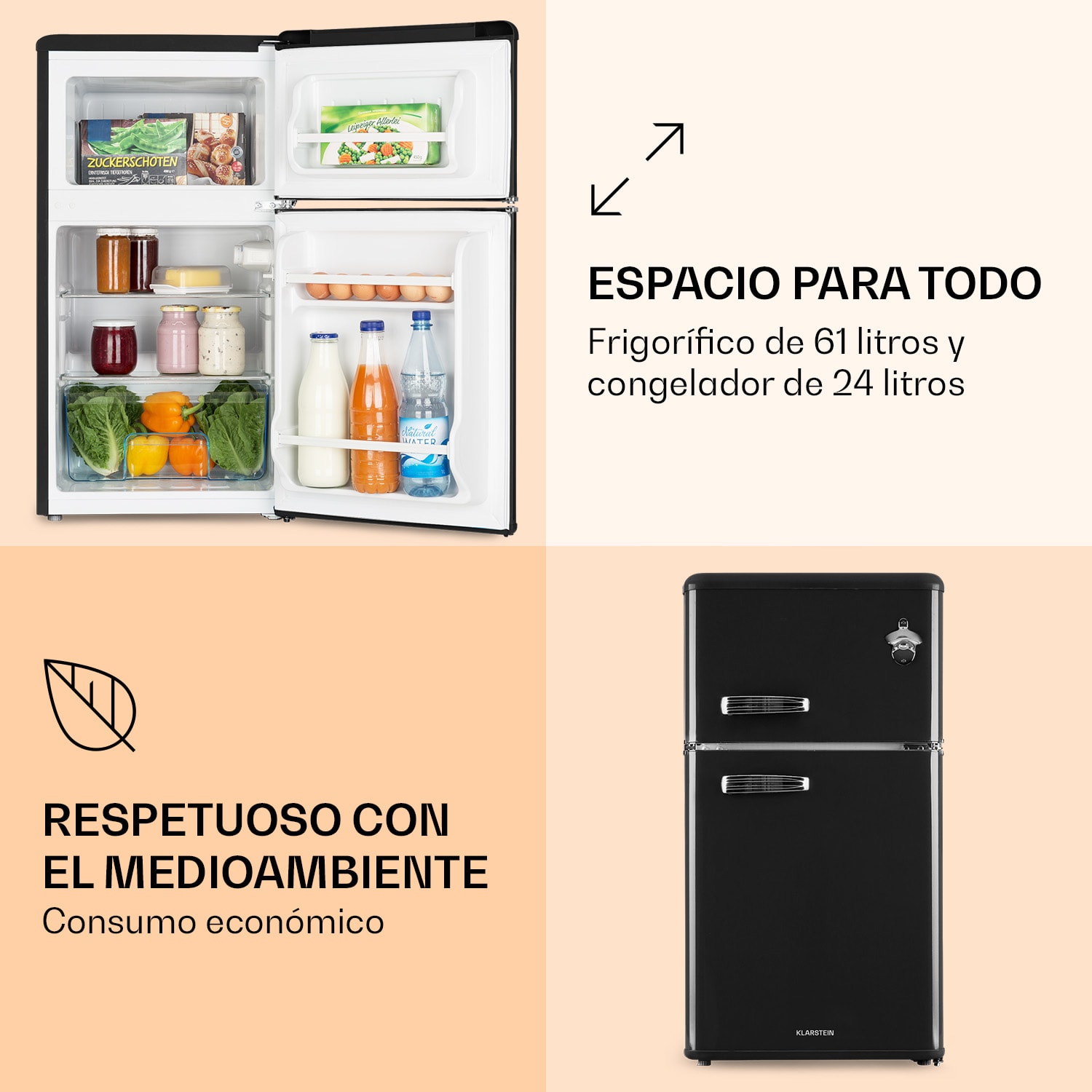 Irene Combi frigorífico y congelador 85 litros diseño retro Negro
