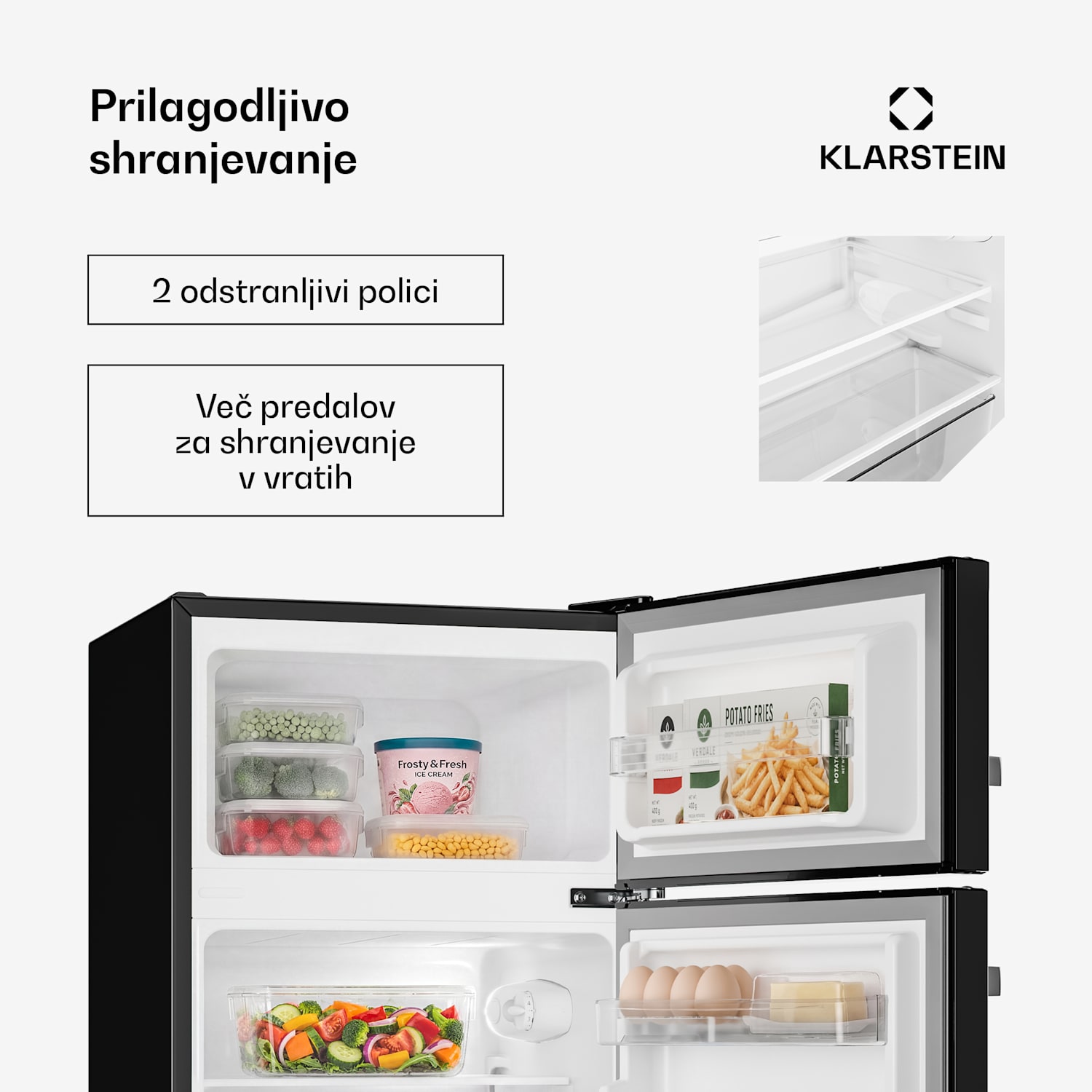 Irene, retro hladilnik z zamrzovalnikom, hladilnik 61 l, zamrzovalnik 25 l, črna Črna