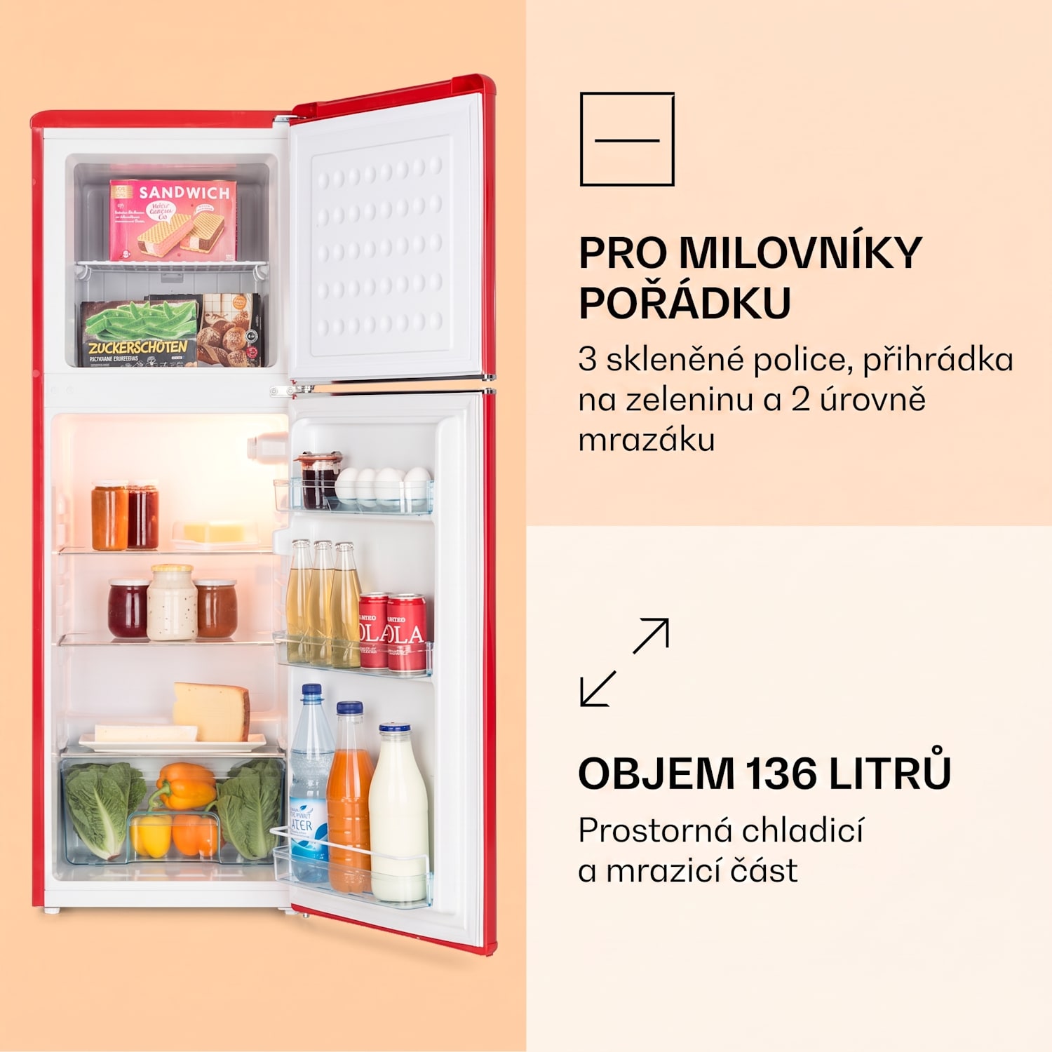 Audrey, kombinovaná chladnička s mrazničkou, 97 l / 39 l, Retro-Look, 2 úrovně 97 + 39 L | Červená